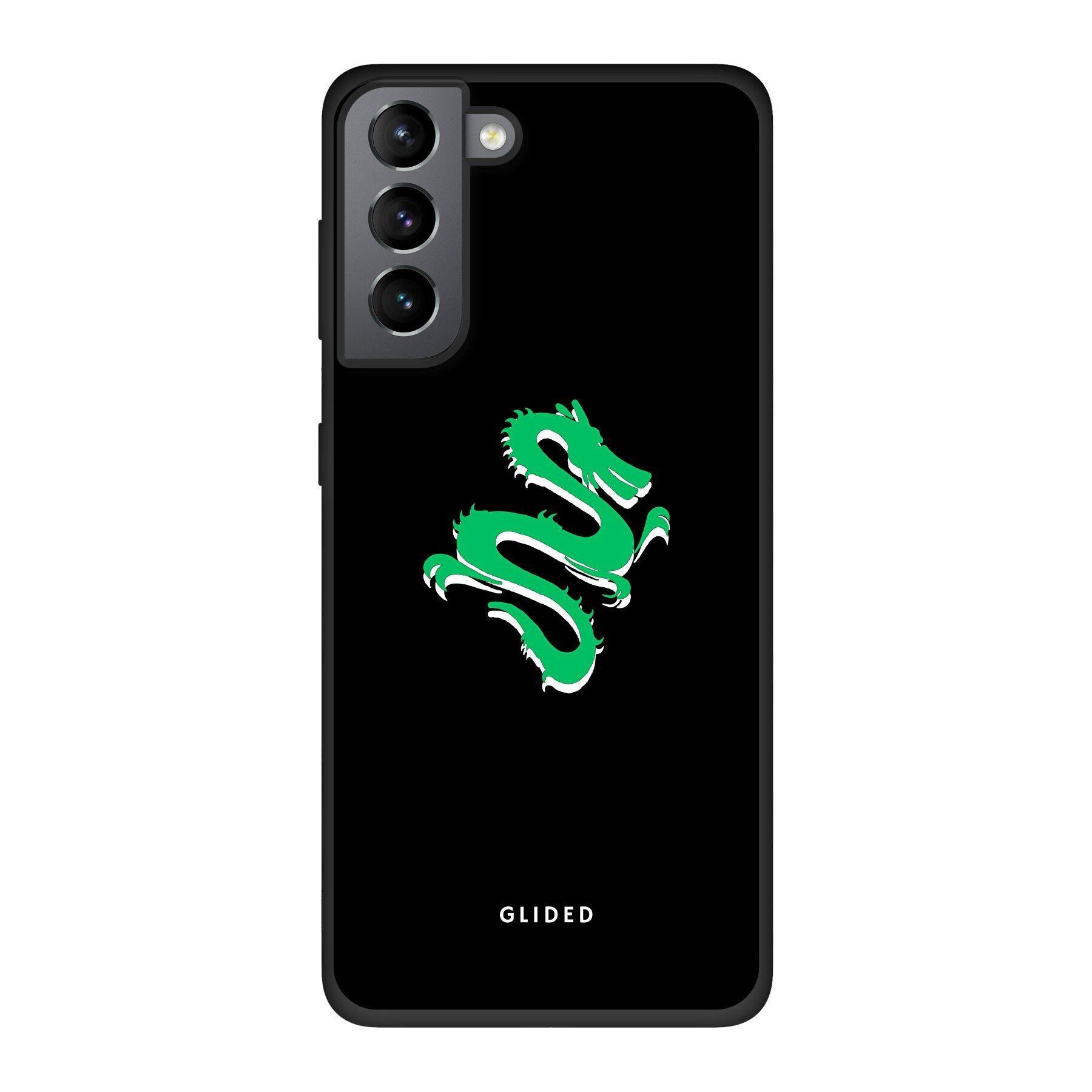 Die 'Emerald Dragon' Handyhülle für Samsung Galaxy S21 5G mit majestätischem grünem Drachen-Design, idealer Schutz und stilvolle Ästhetik.