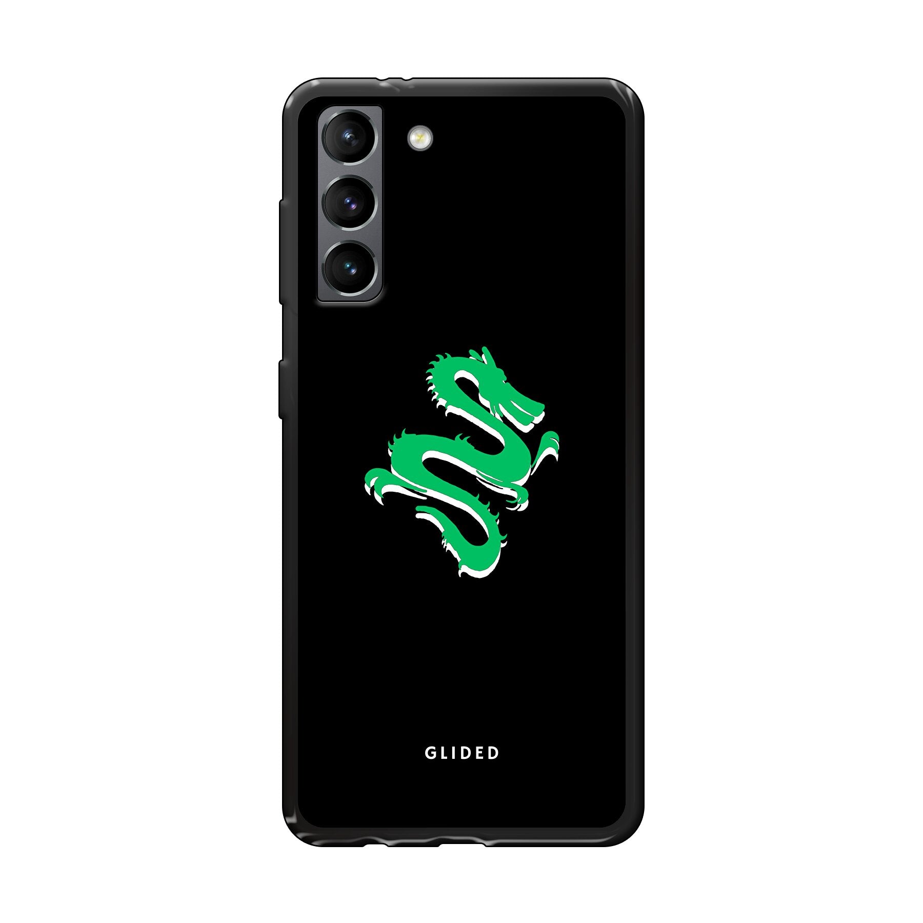 Die 'Emerald Dragon' Handyhülle für Samsung Galaxy S21 5G mit majestätischem grünem Drachen-Design, idealer Schutz und stilvolle Ästhetik.