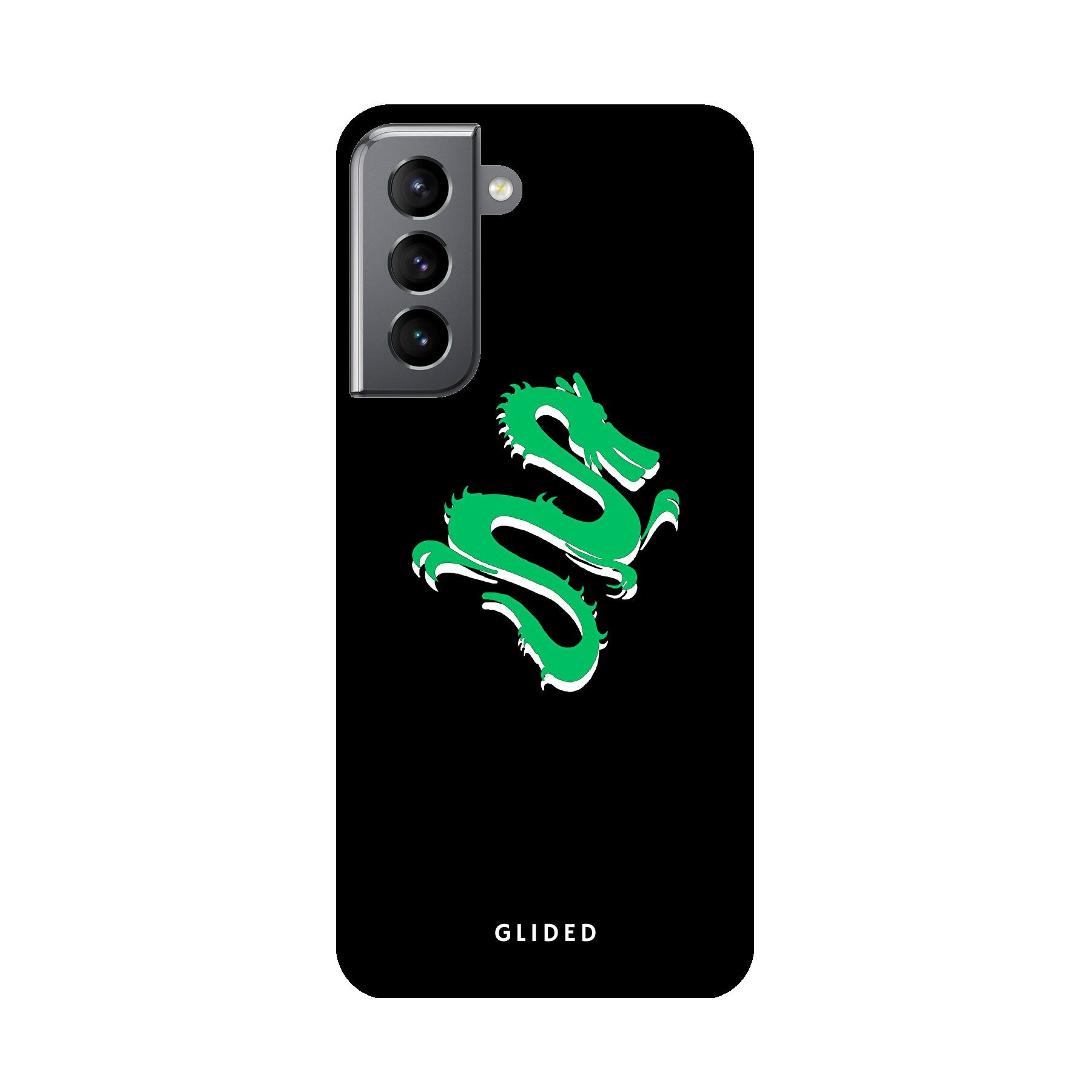 Die 'Emerald Dragon' Handyhülle für Samsung Galaxy S21 5G mit majestätischem grünem Drachen-Design, idealer Schutz und stilvolle Ästhetik.