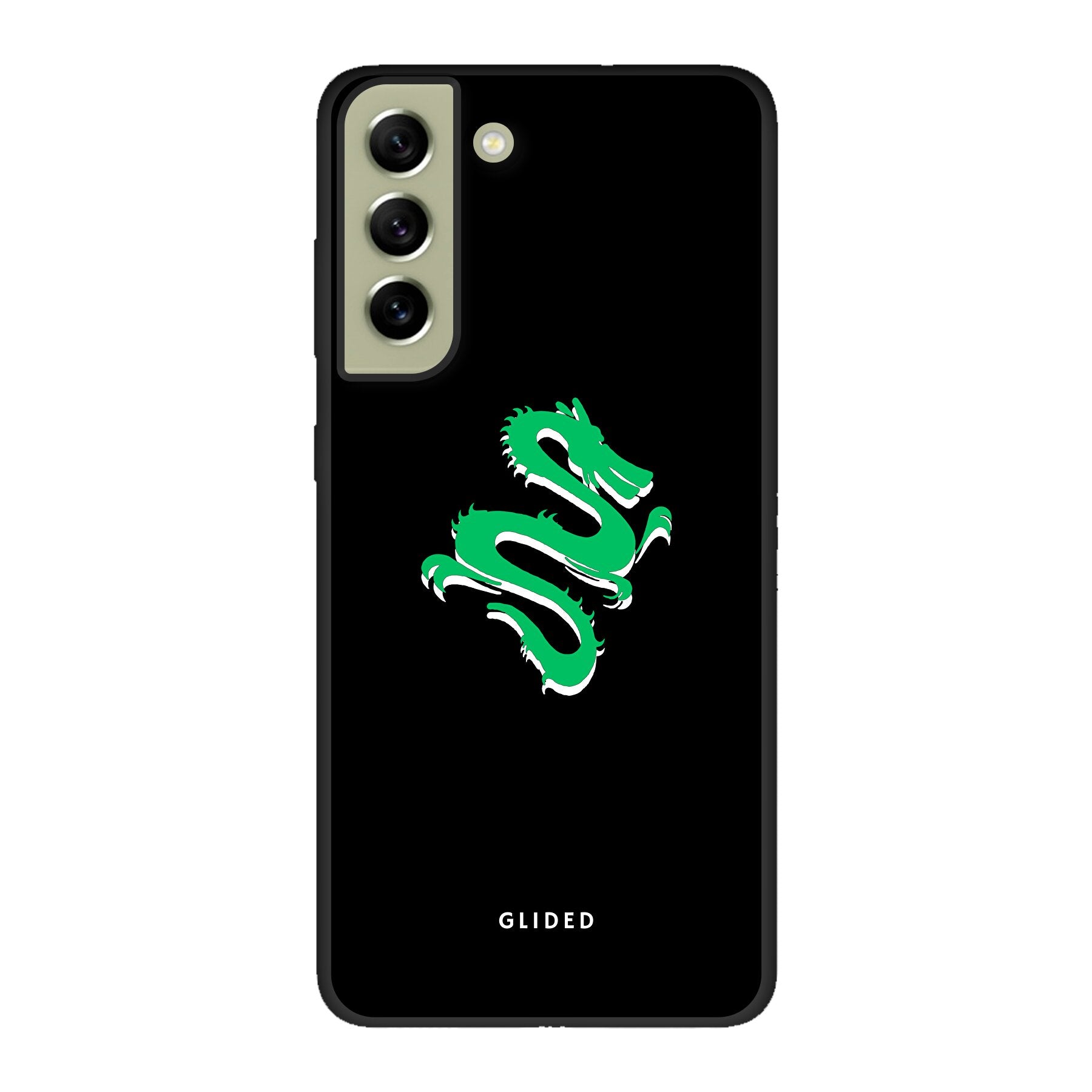 Emerald Dragon Handyhülle für Samsung Galaxy S21 FE mit majestätischem grünem Drachen-Design, idealer Schutz und stilvolles Accessoire.