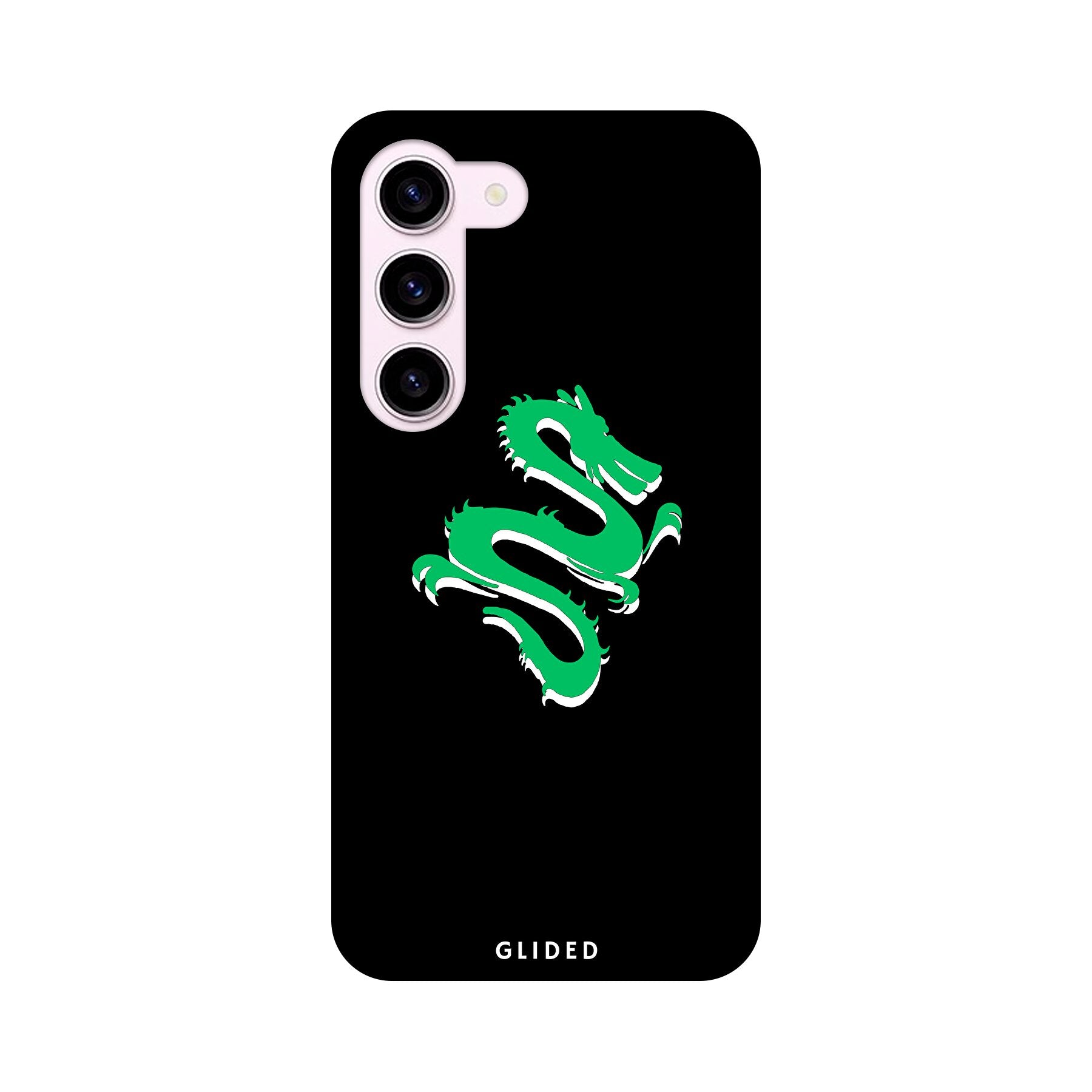 Die 'Emerald Dragon' Handyhülle für Samsung Galaxy S23 mit einem majestätischen grünen Drachen-Design, das Schutz und Stil vereint.