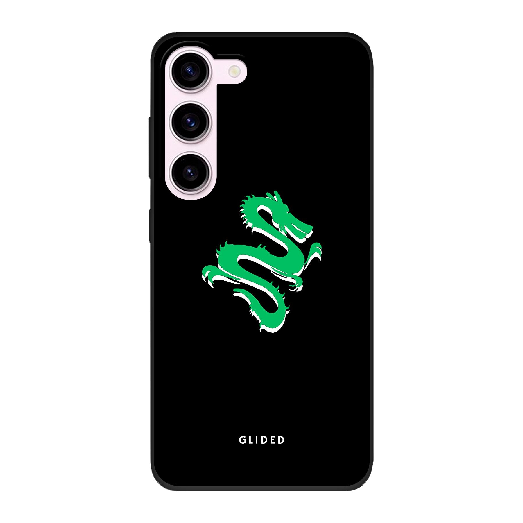 Die 'Emerald Dragon' Handyhülle für Samsung Galaxy S23 mit einem majestätischen grünen Drachen-Design, das Schutz und Stil vereint.