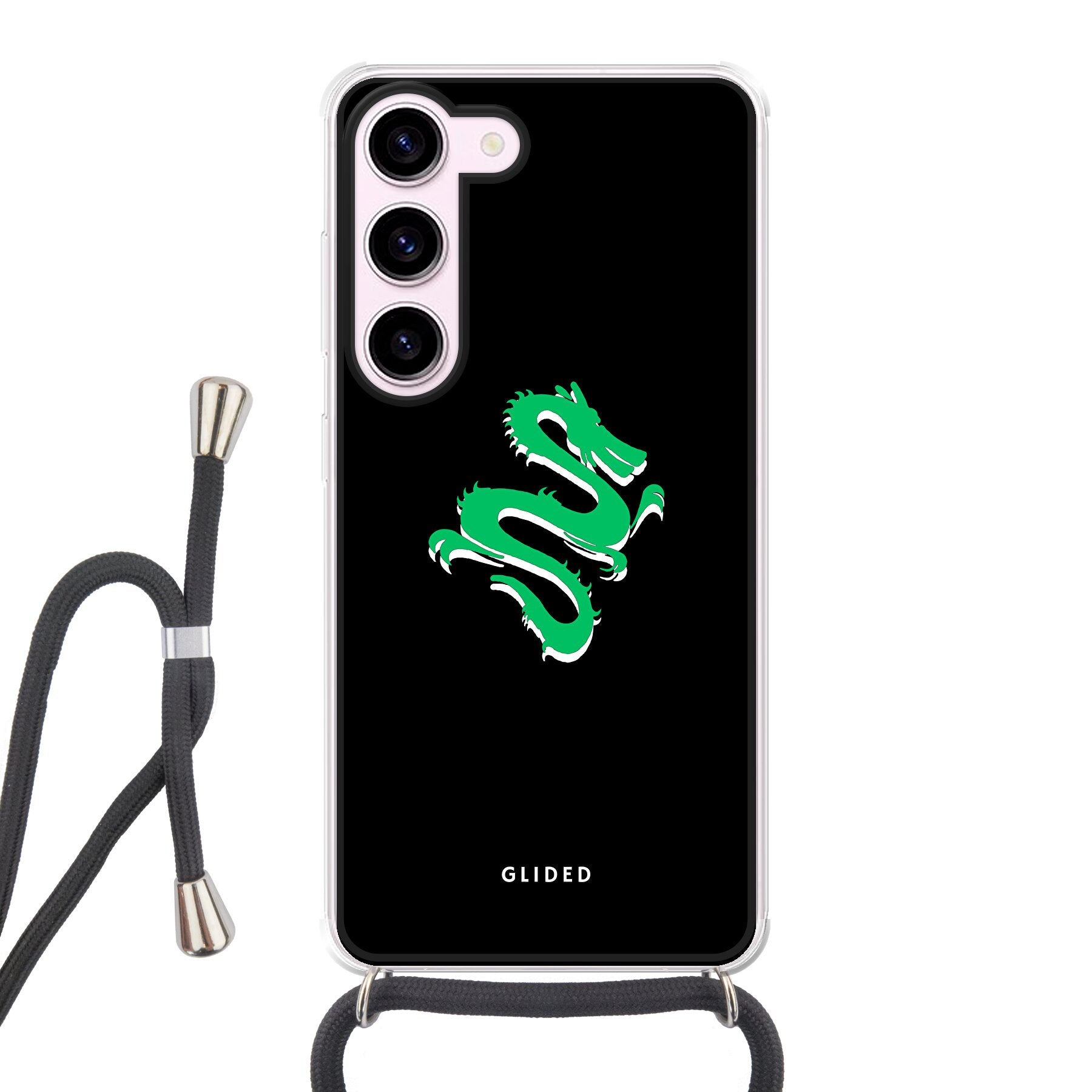 Die 'Emerald Dragon' Handyhülle für Samsung Galaxy S23 mit einem majestätischen grünen Drachen-Design, das Schutz und Stil vereint.