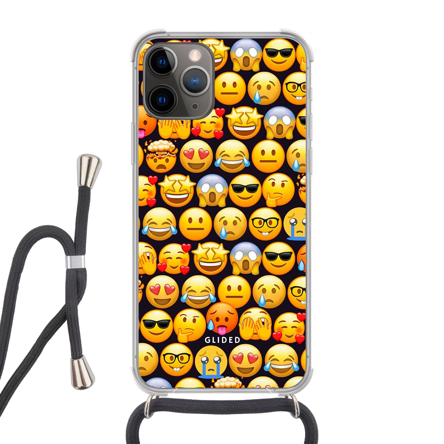 Bunte Emoji Town iPhone 11 Pro Handyhülle mit verschiedenen Emojis, die Freude und Persönlichkeit ausstrahlen.