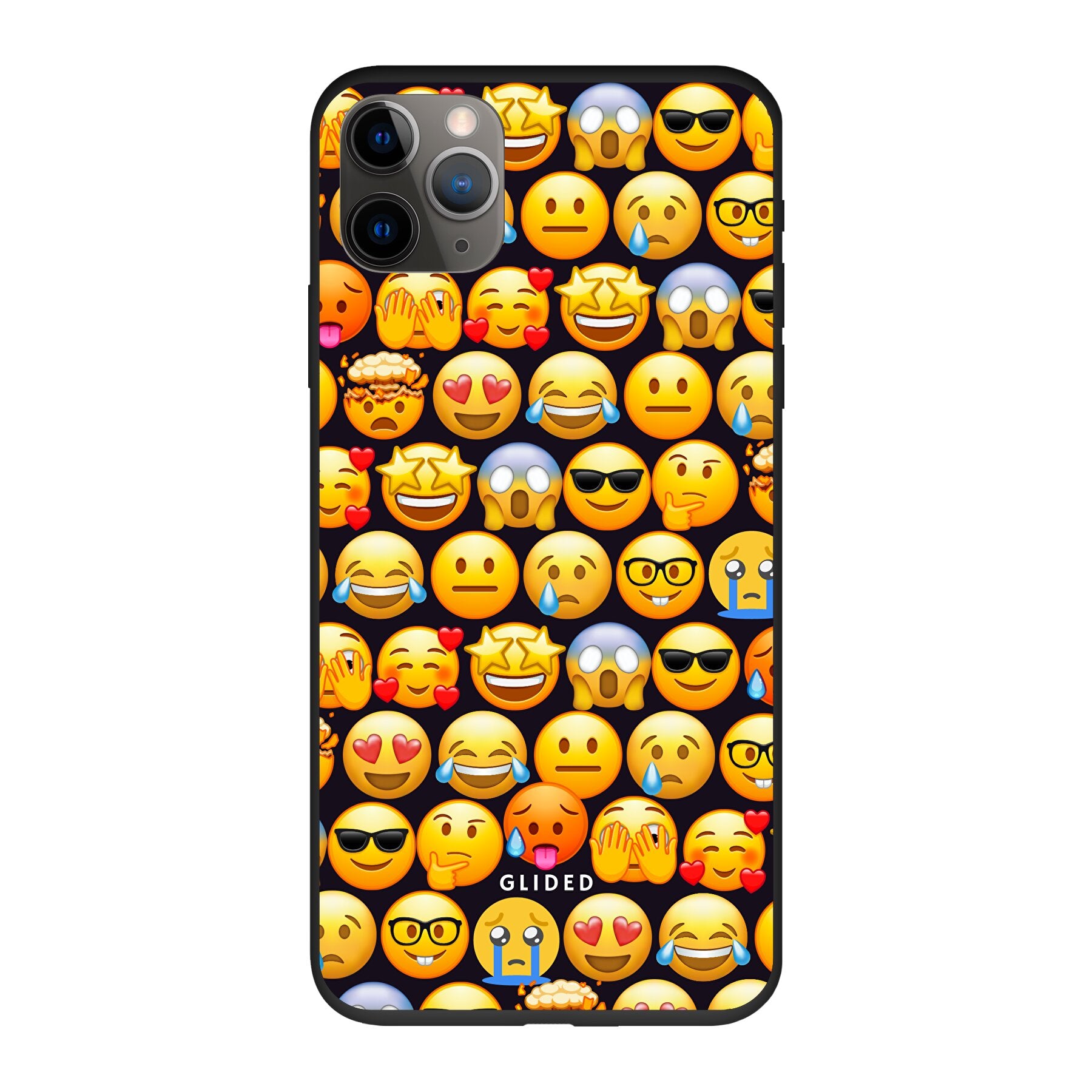 Bunte Emoji Town iPhone 11 Pro Handyhülle mit verschiedenen Emojis, die Freude und Persönlichkeit ausstrahlen.