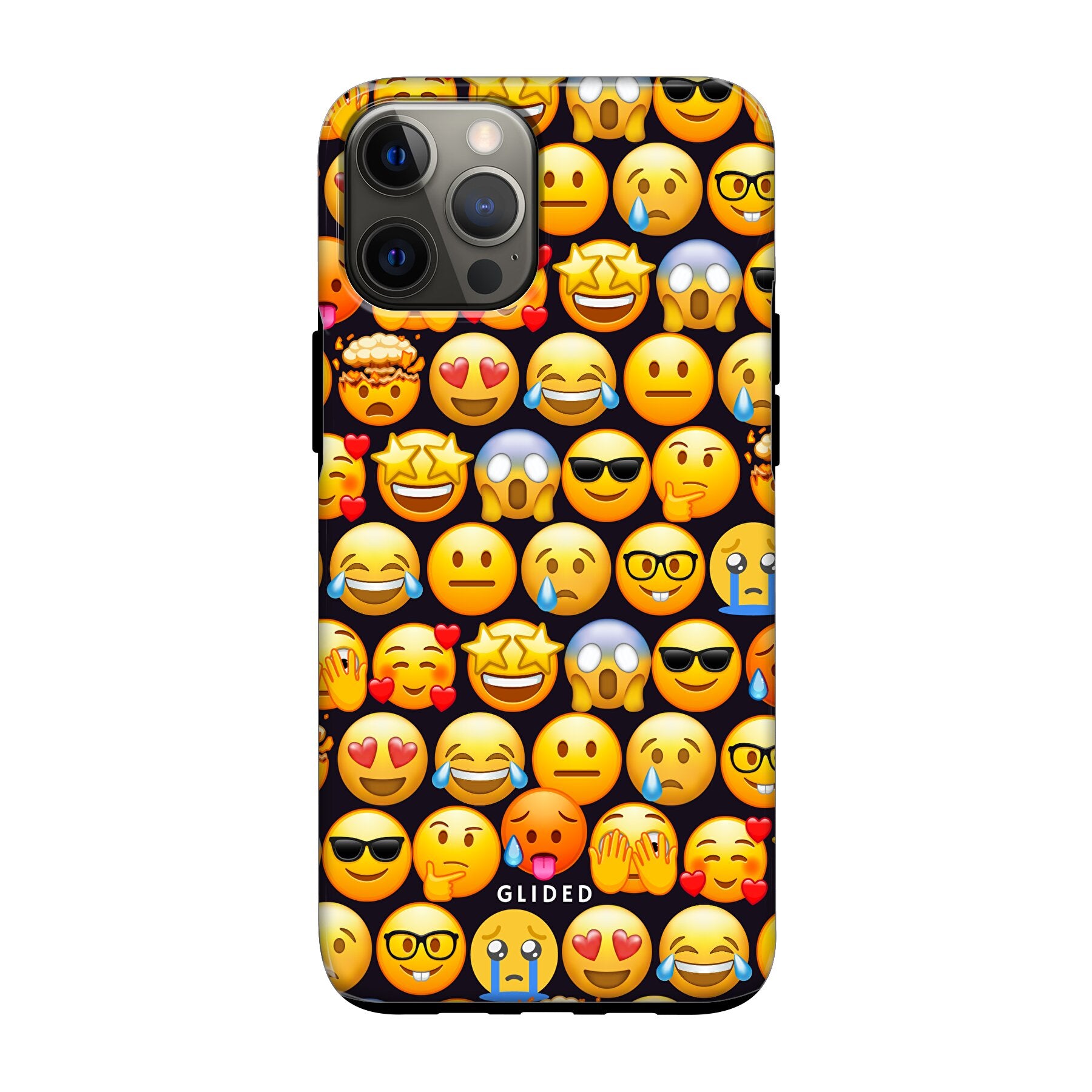 Bunte Emoji Town iPhone 12 Handyhülle mit verschiedenen Emojis, die Freude und Persönlichkeit ausstrahlen.