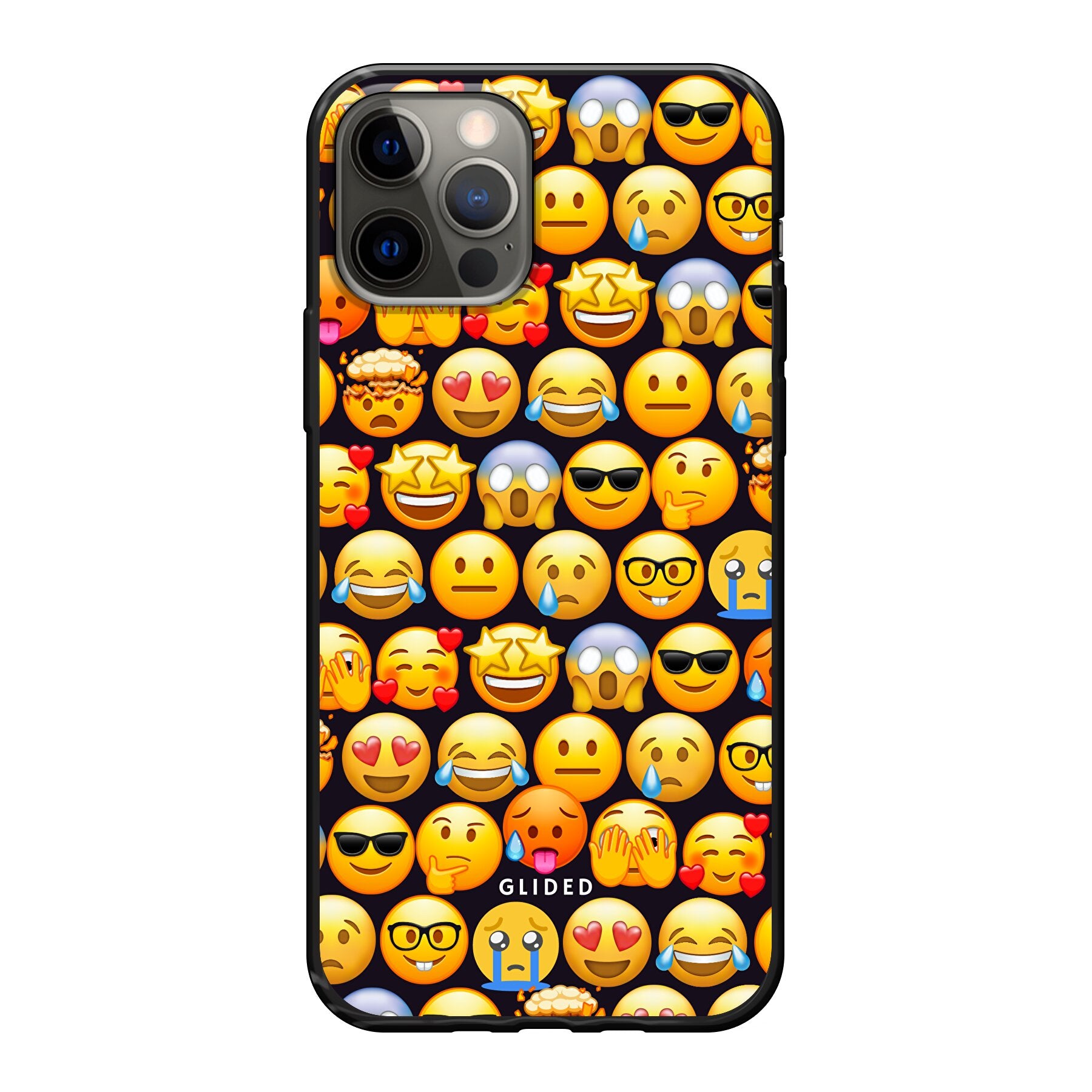 Bunte Emoji Town iPhone 12 Handyhülle mit verschiedenen Emojis, die Freude und Persönlichkeit ausstrahlen.