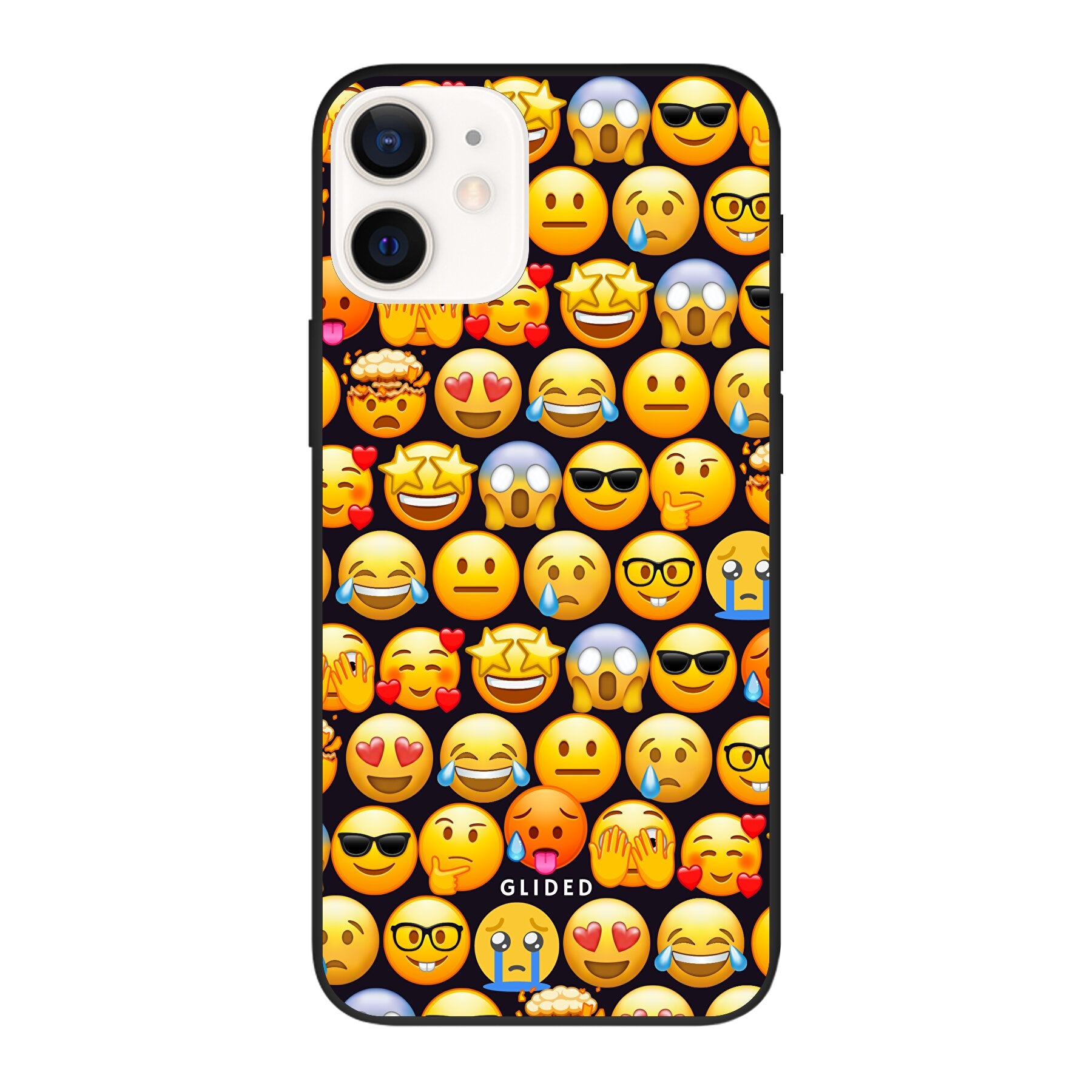 Bunte Emoji Town iPhone 12 Handyhülle mit verschiedenen Emojis, die Freude und Persönlichkeit ausstrahlen.