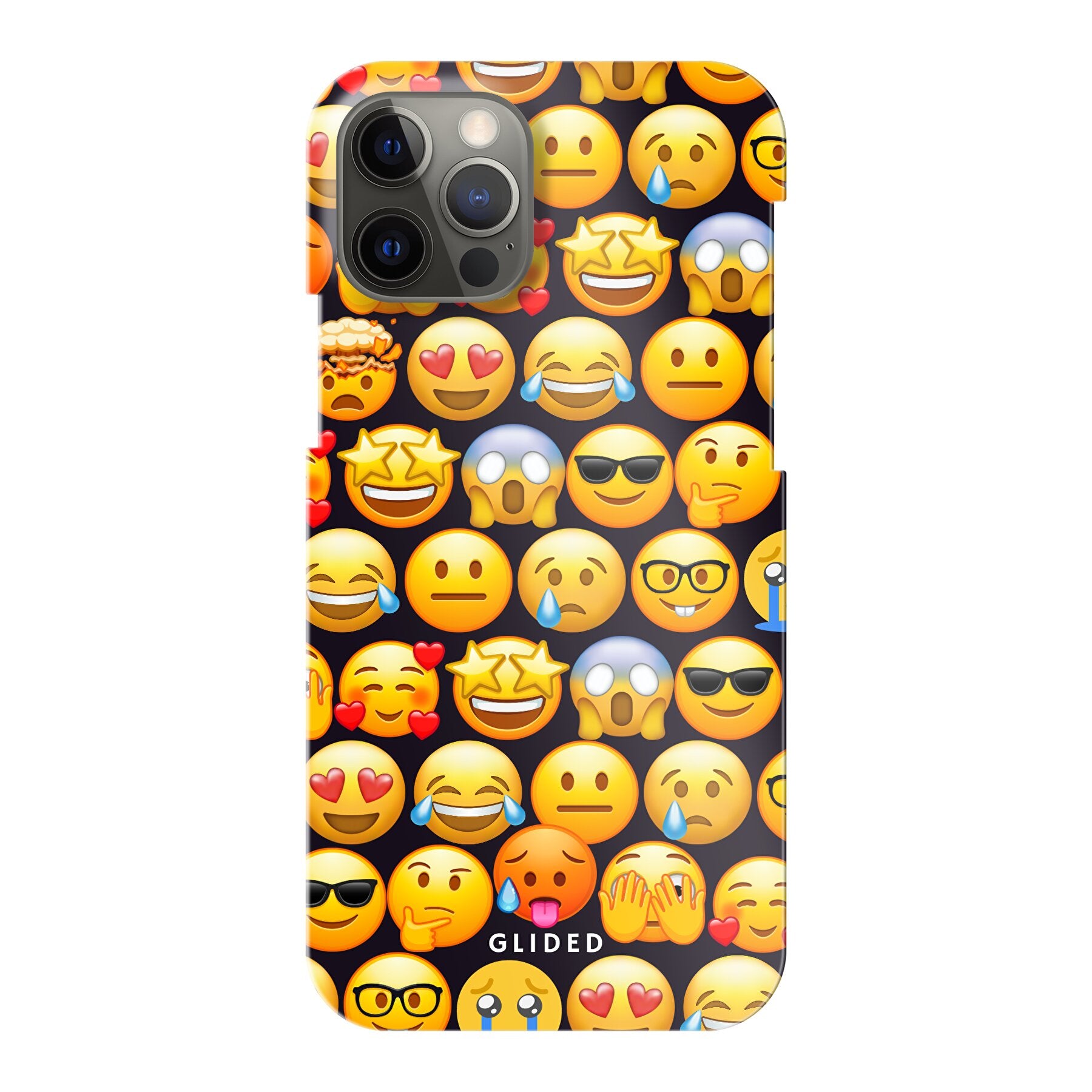 Bunte Emoji Town iPhone 12 Handyhülle mit verschiedenen Emojis, die Freude und Persönlichkeit ausstrahlen.