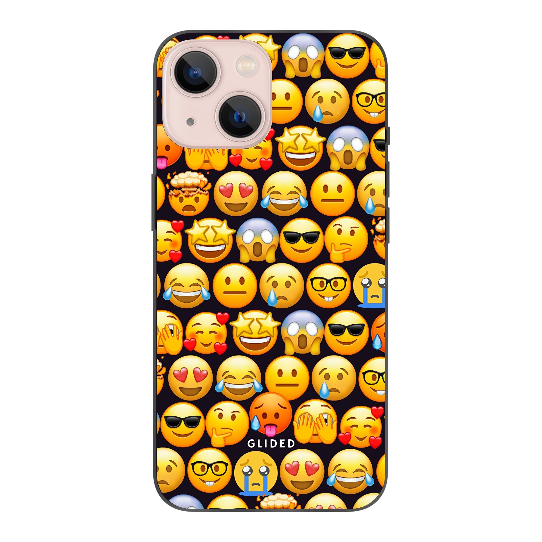 Bunte Emoji Town iPhone 13 Handyhülle mit verschiedenen Emojis, die Freude und Persönlichkeit ausstrahlen.