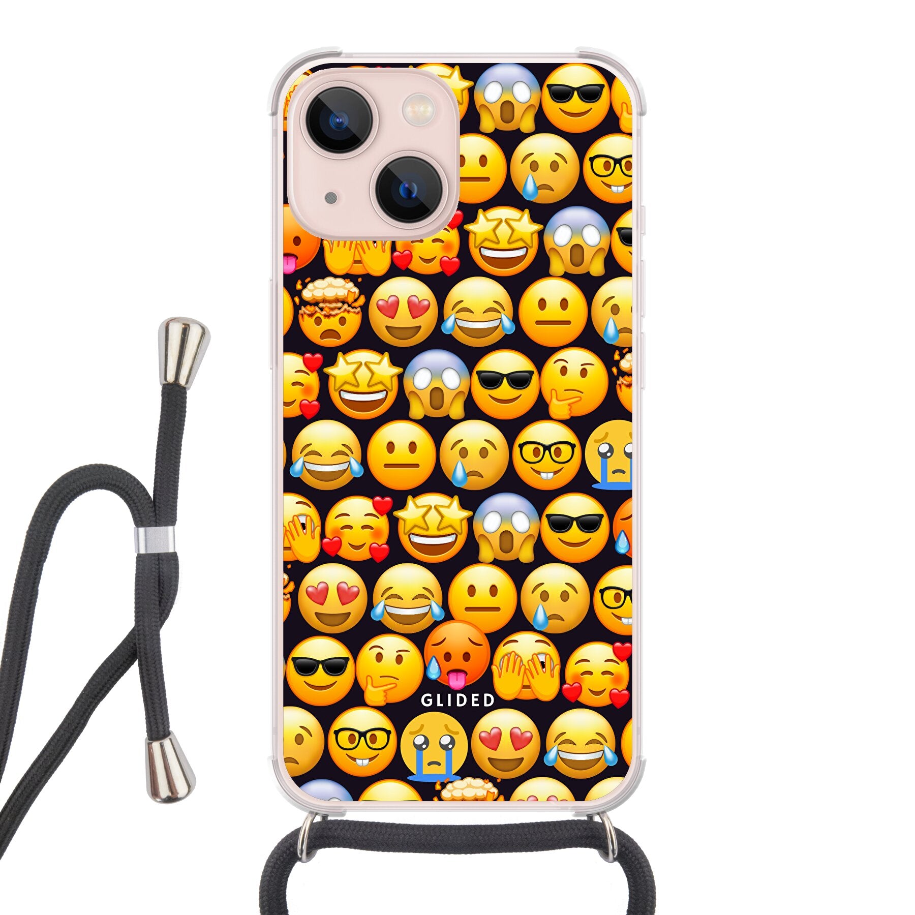 Bunte Emoji Town iPhone 13 Handyhülle mit verschiedenen Emojis, die Freude und Persönlichkeit ausstrahlen.