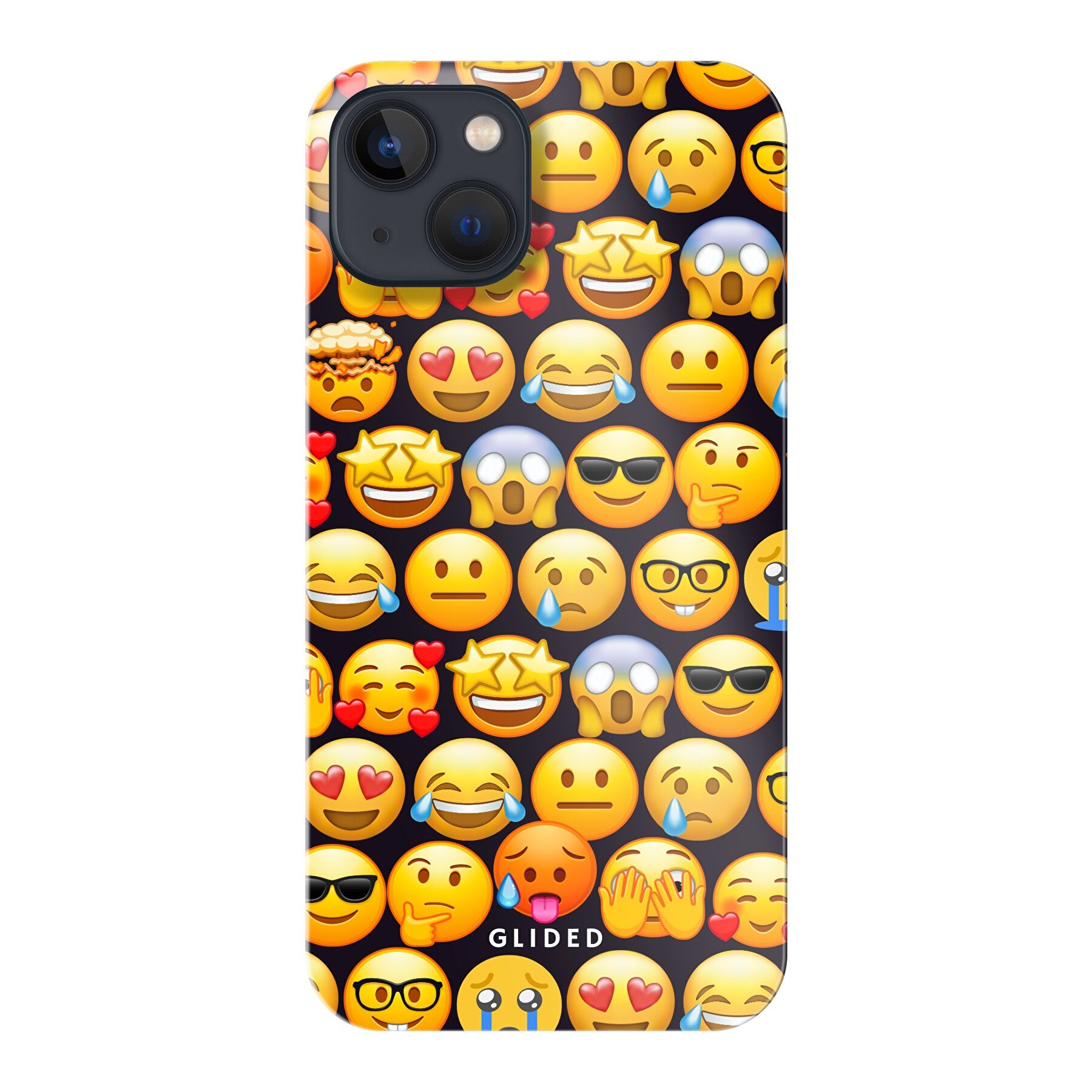 Bunte Emoji Town iPhone 13 Handyhülle mit verschiedenen Emojis, die Freude und Persönlichkeit ausstrahlen.