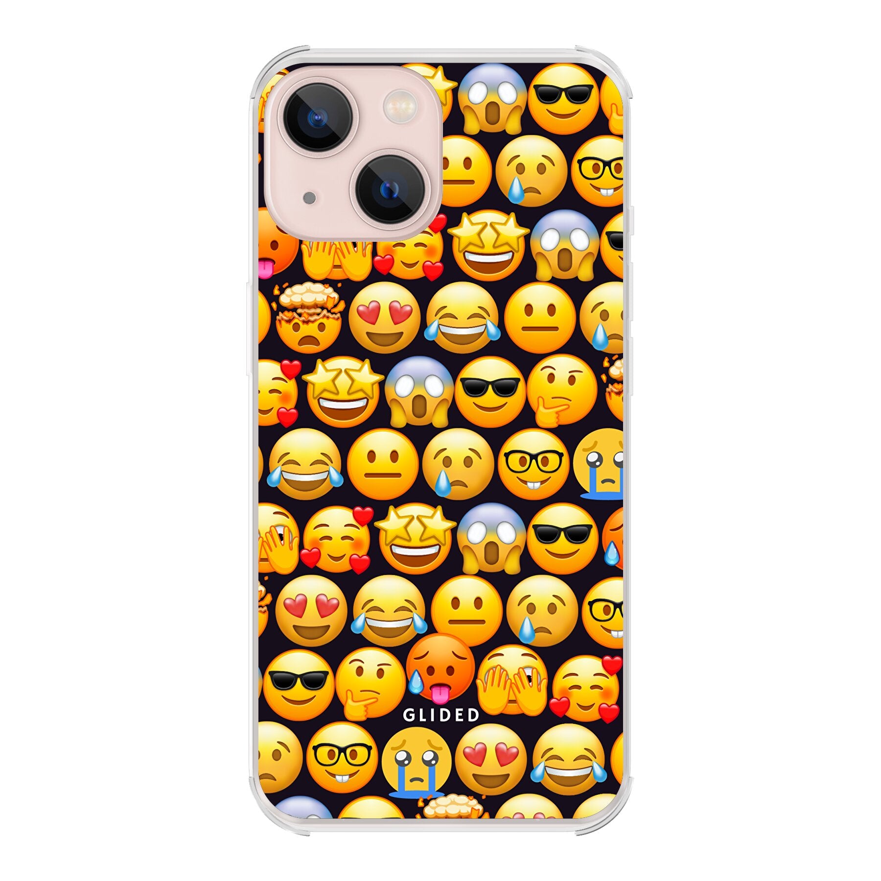 Bunte Emoji Town iPhone 13 Handyhülle mit verschiedenen Emojis, die Freude und Persönlichkeit ausstrahlen.