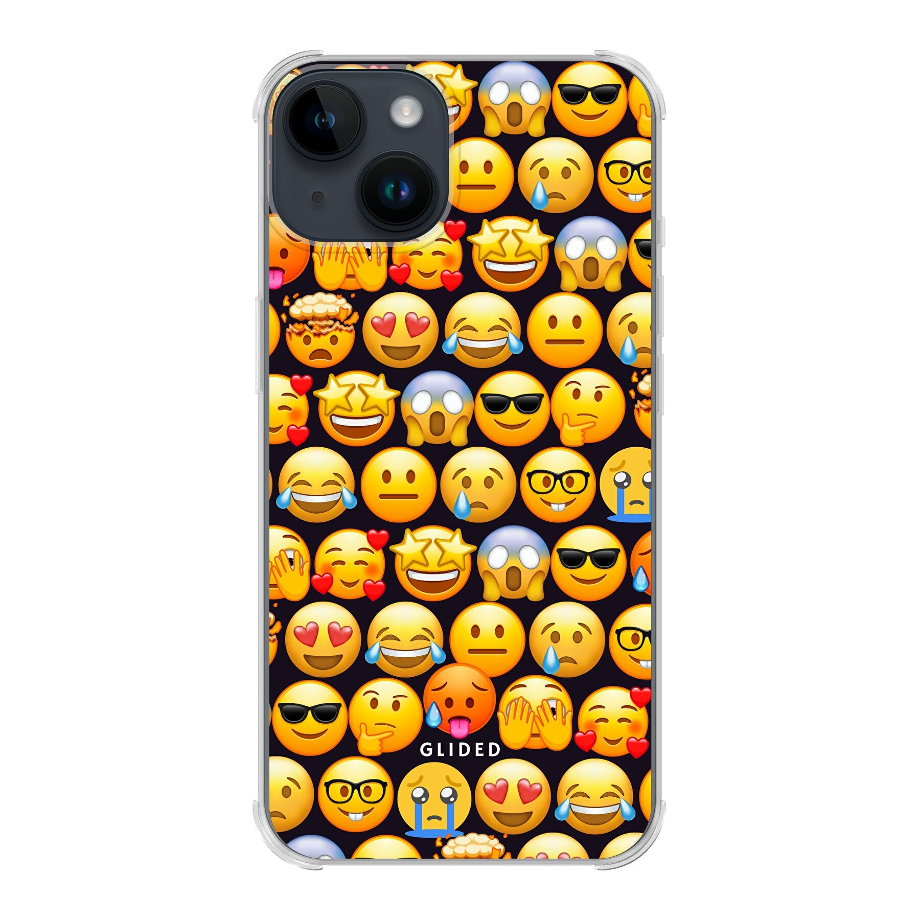 Bunte Emoji Town iPhone 14 Handyhülle mit verschiedenen Emojis, die Freude und Persönlichkeit ausdrücken.