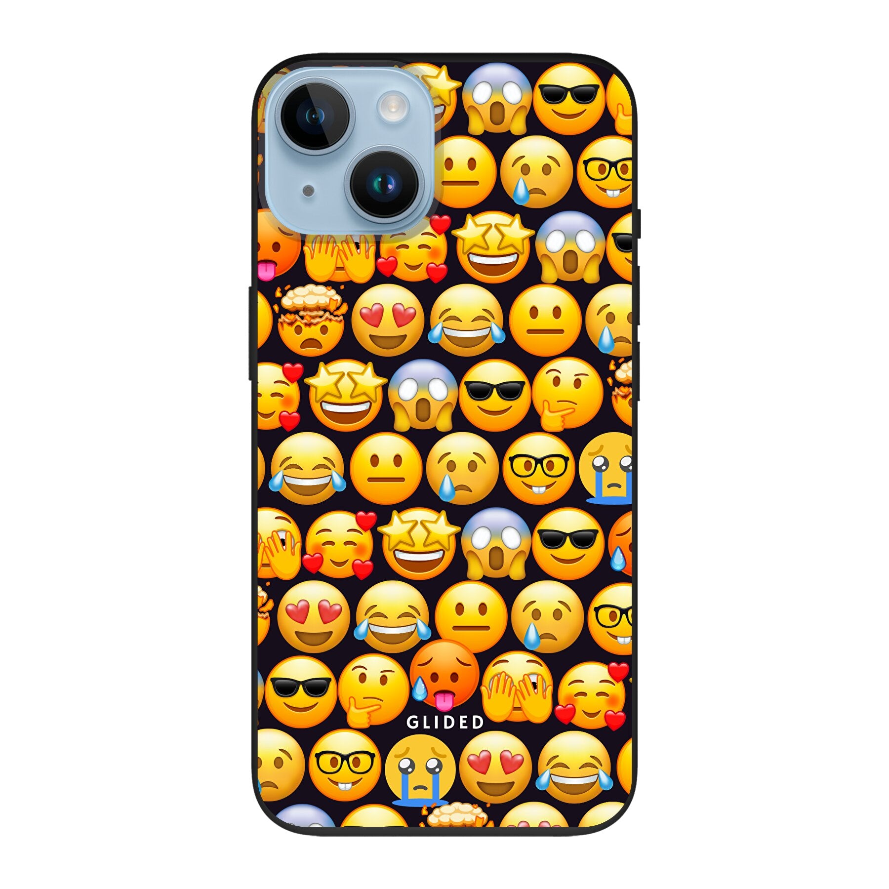 Bunte Emoji Town iPhone 14 Handyhülle mit verschiedenen Emojis, die Freude und Persönlichkeit ausdrücken.