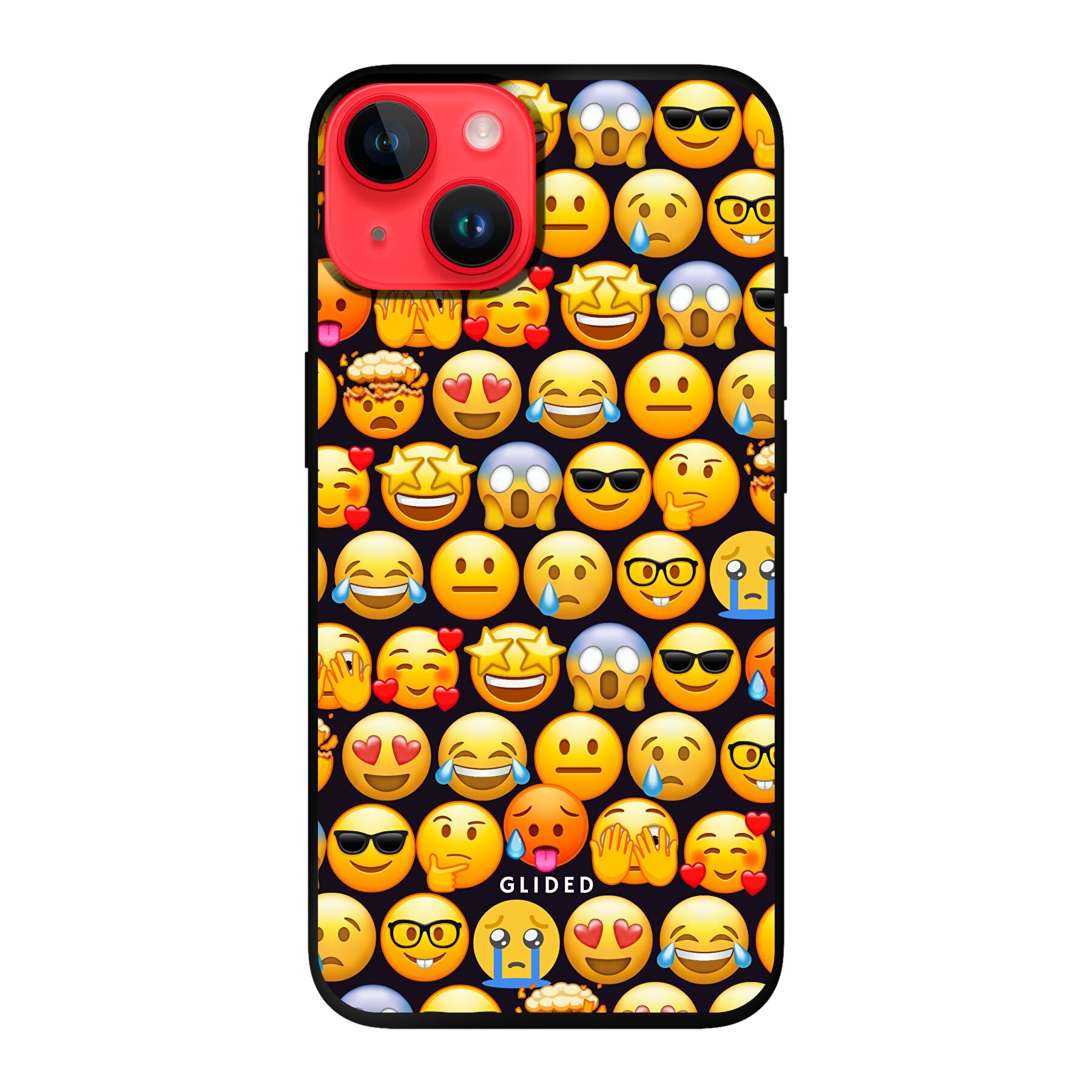 Bunte Emoji Town iPhone 14 Handyhülle mit verschiedenen Emojis, die Freude und Persönlichkeit ausdrücken.