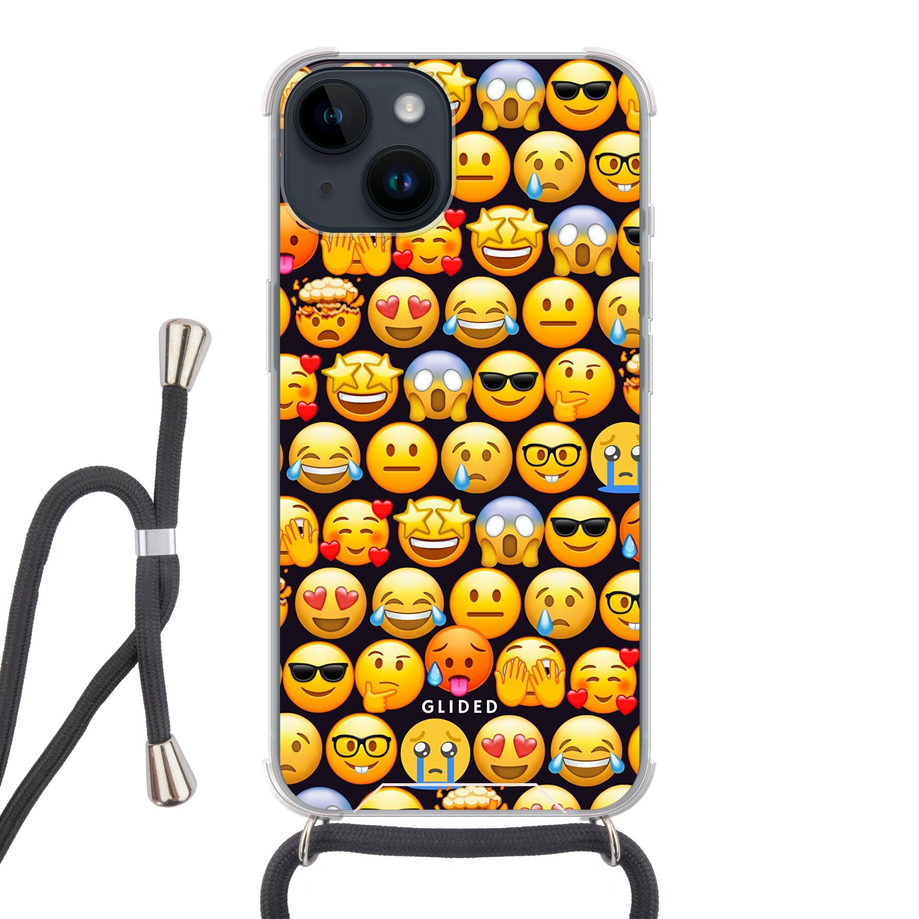 Bunte Emoji Town iPhone 14 Handyhülle mit verschiedenen Emojis, die Freude und Persönlichkeit ausdrücken.