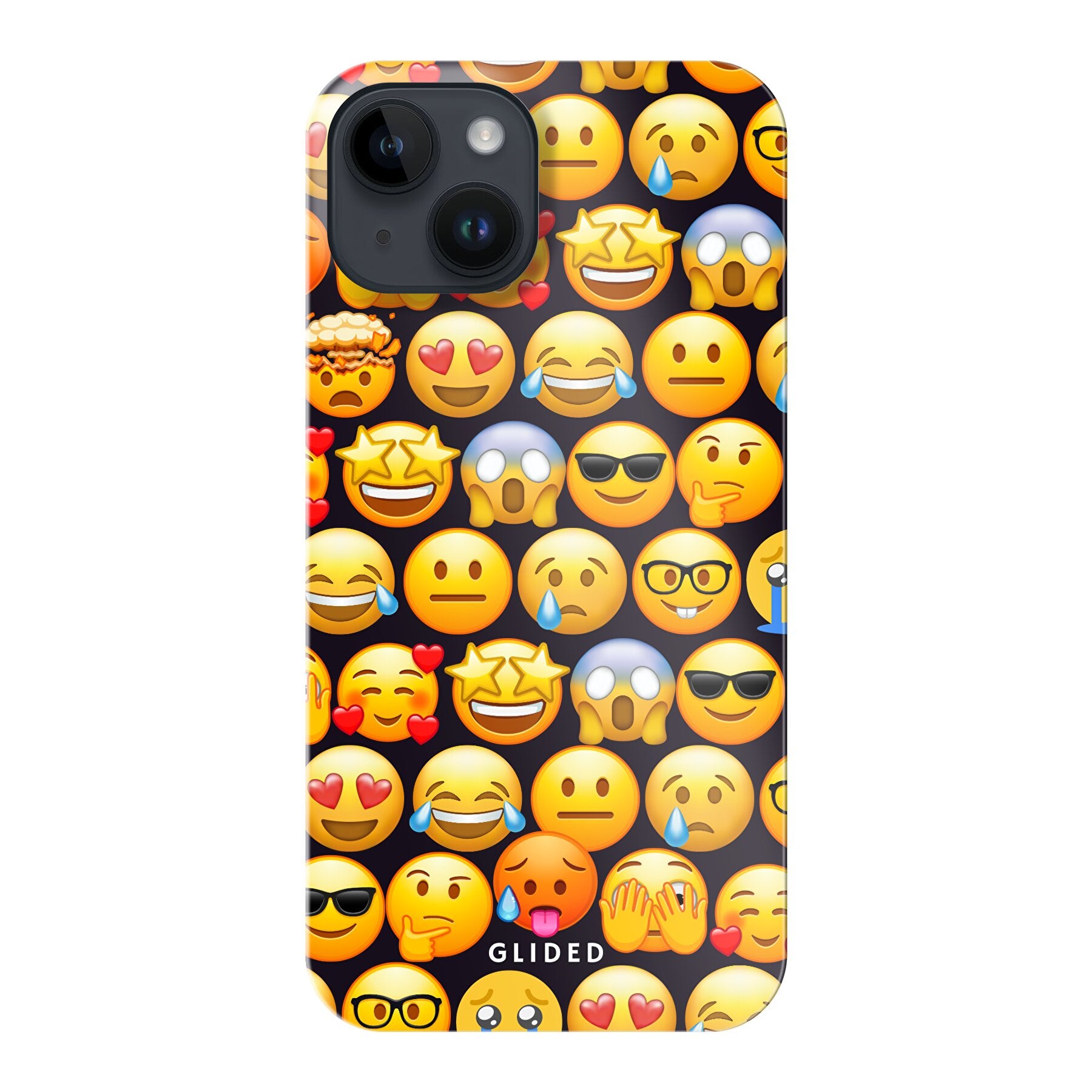 Bunte Emoji Town iPhone 14 Handyhülle mit verschiedenen Emojis, die Freude und Persönlichkeit ausdrücken.