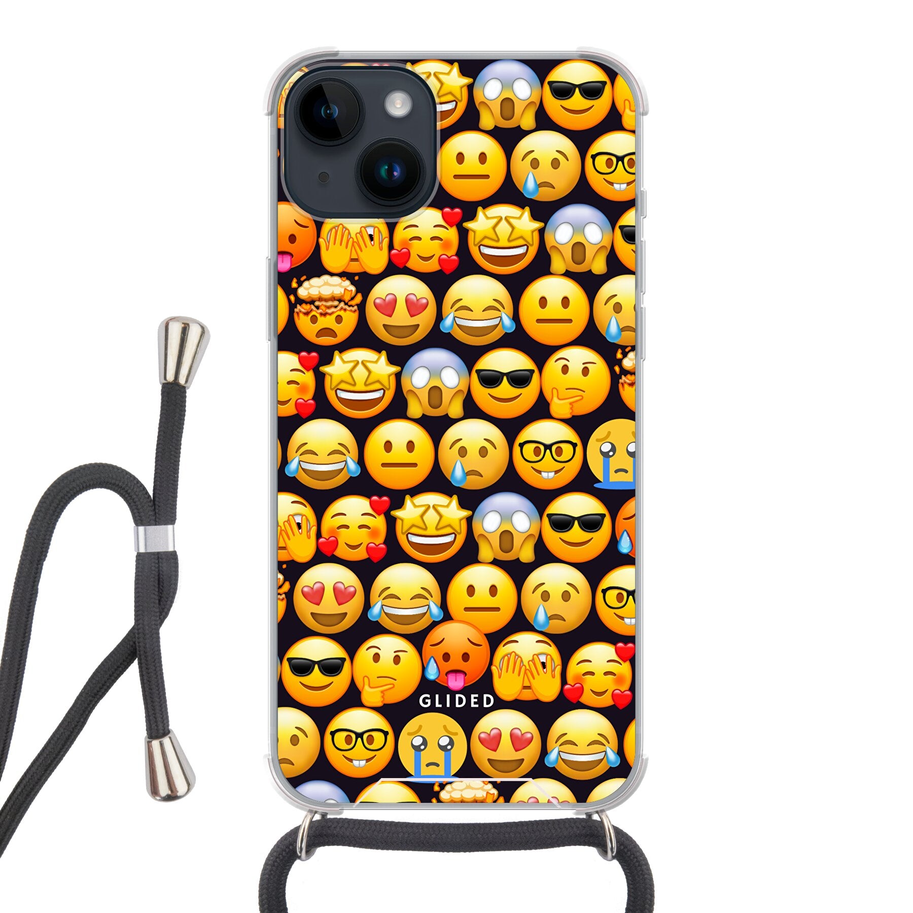 Bunte Emoji Town iPhone 14 Plus Handyhülle mit verschiedenen Emojis, die Freude und Emotionen darstellen.