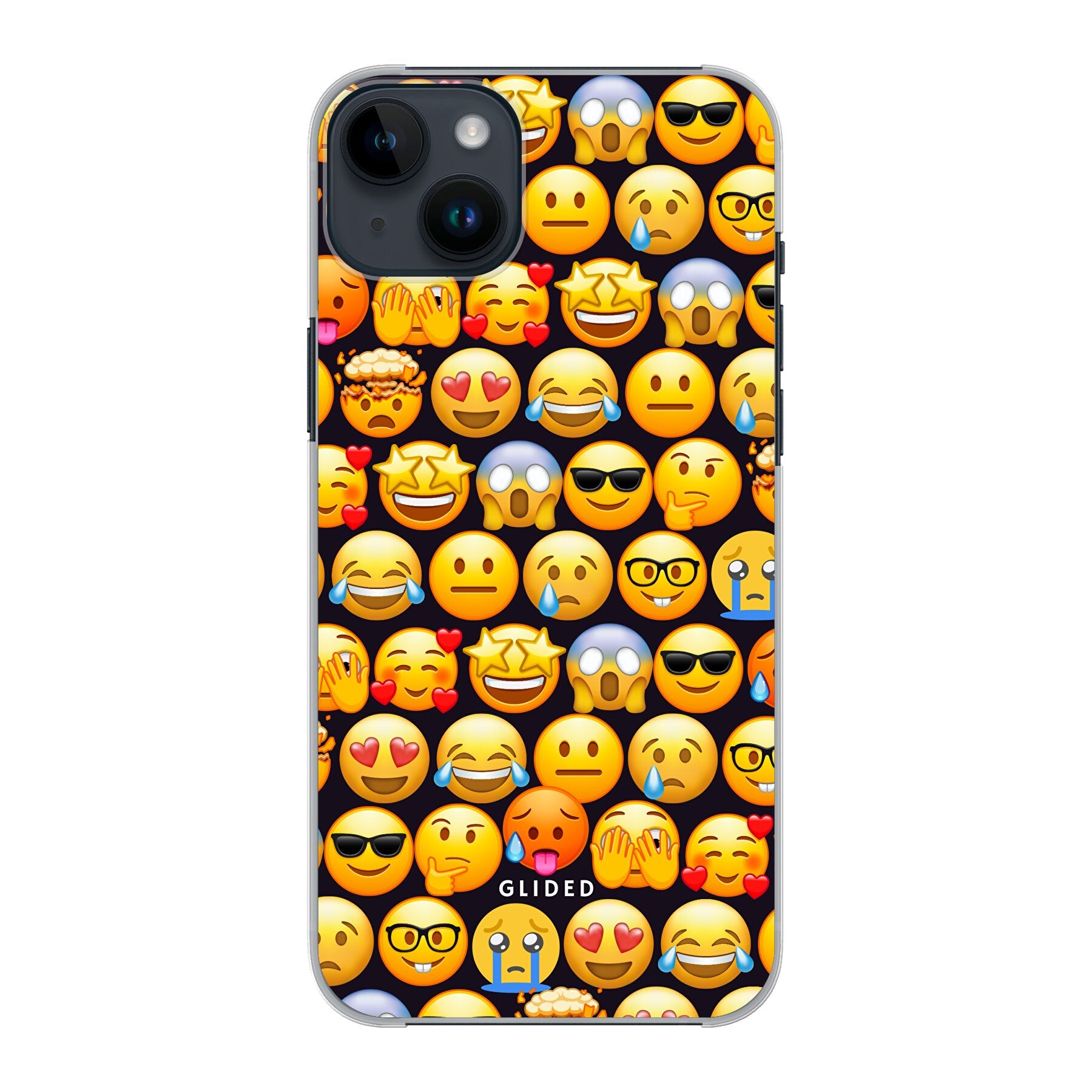 Bunte Emoji Town iPhone 14 Plus Handyhülle mit verschiedenen Emojis, die Freude und Emotionen darstellen.