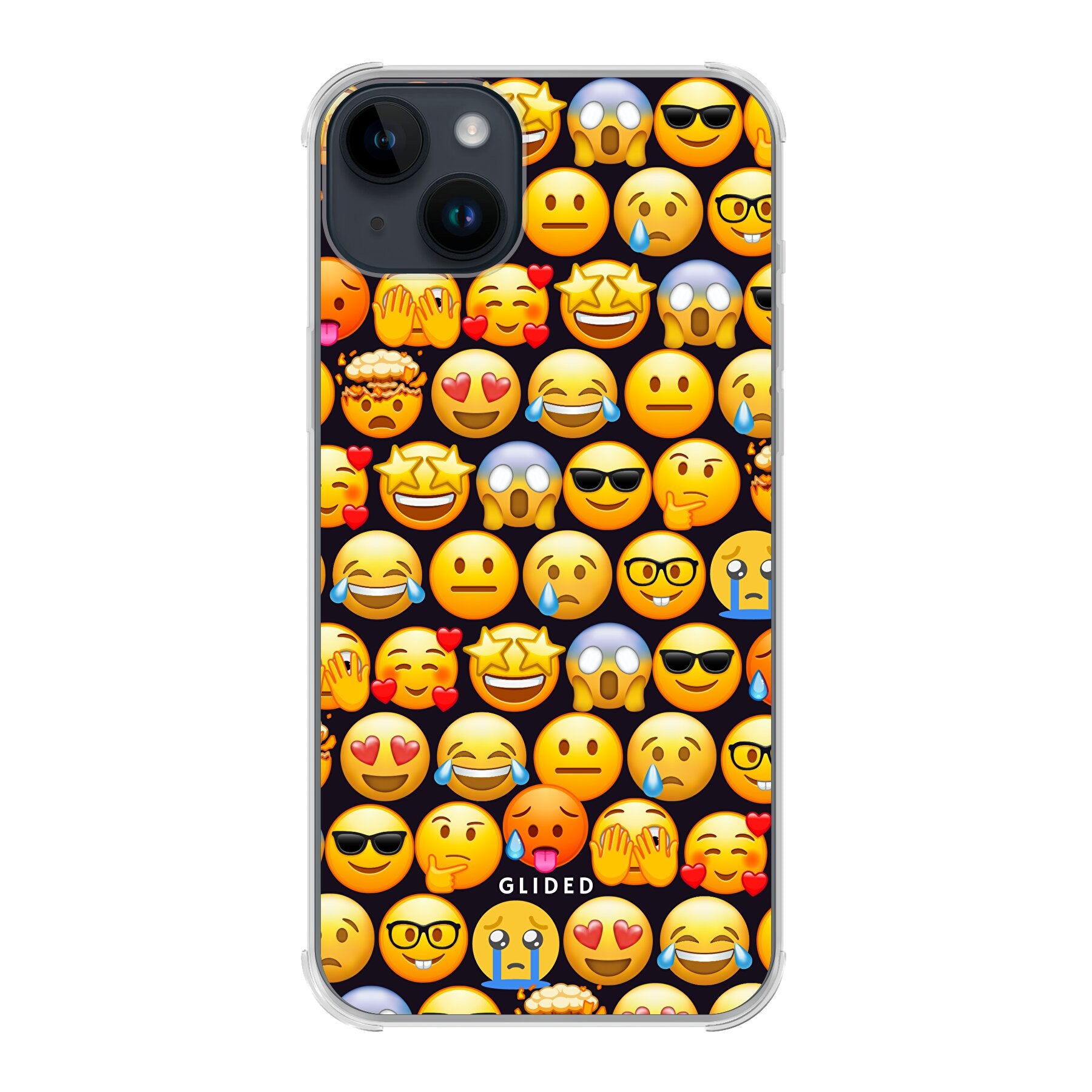 Bunte Emoji Town iPhone 14 Plus Handyhülle mit verschiedenen Emojis, die Freude und Emotionen darstellen.