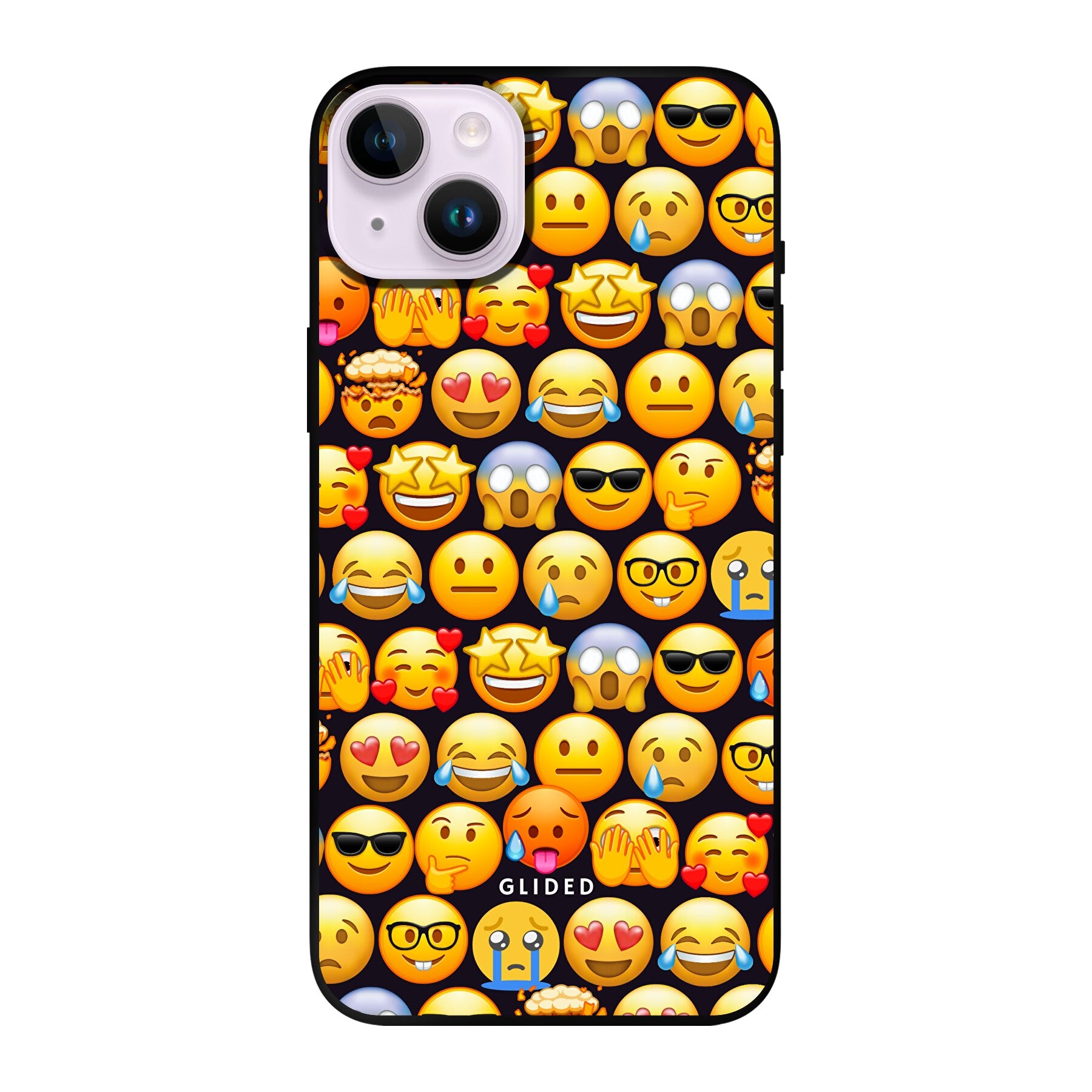 Bunte Emoji Town iPhone 14 Plus Handyhülle mit verschiedenen Emojis, die Freude und Emotionen darstellen.