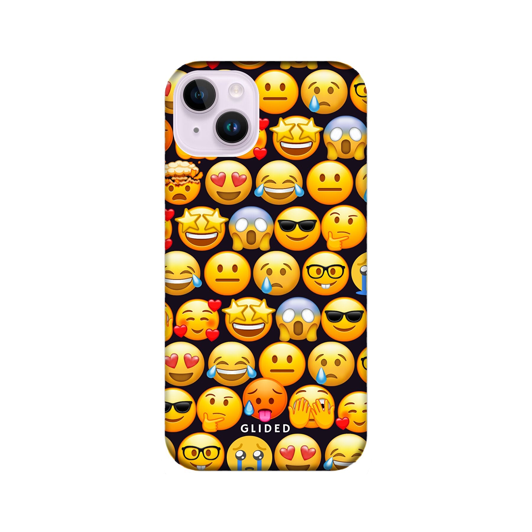 Bunte Emoji Town iPhone 14 Plus Handyhülle mit verschiedenen Emojis, die Freude und Emotionen darstellen.