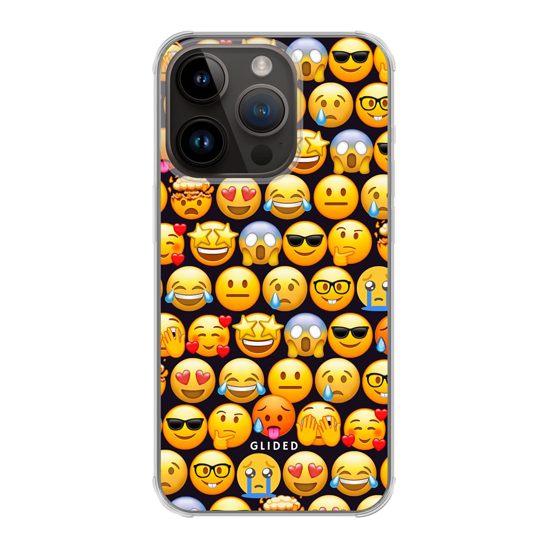 Bunte Emoji Town iPhone 14 Pro Hülle mit verschiedenen Emojis, die Freude und Persönlichkeit ausstrahlen.