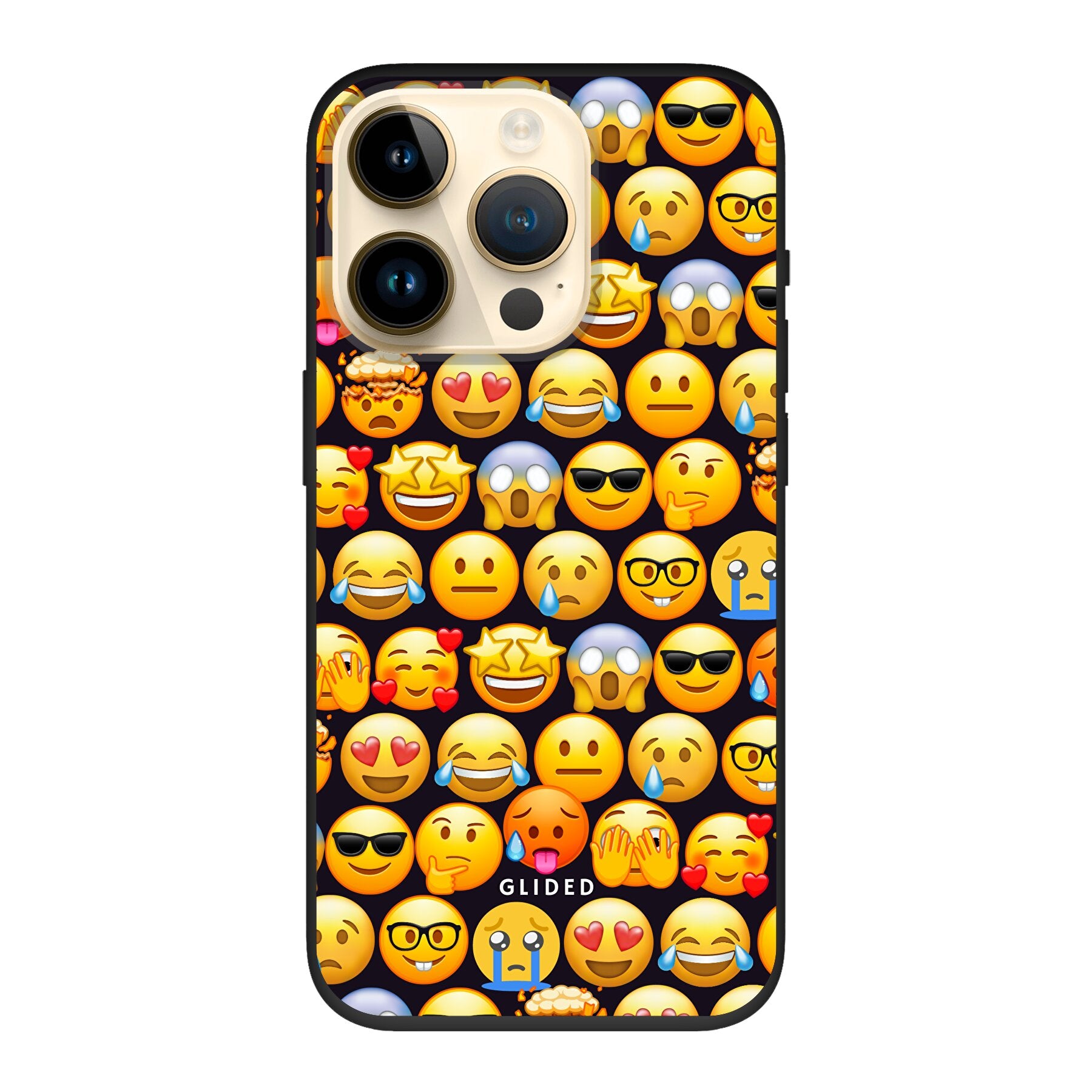 Bunte Emoji Town iPhone 14 Pro Hülle mit verschiedenen Emojis, die Freude und Persönlichkeit ausstrahlen.