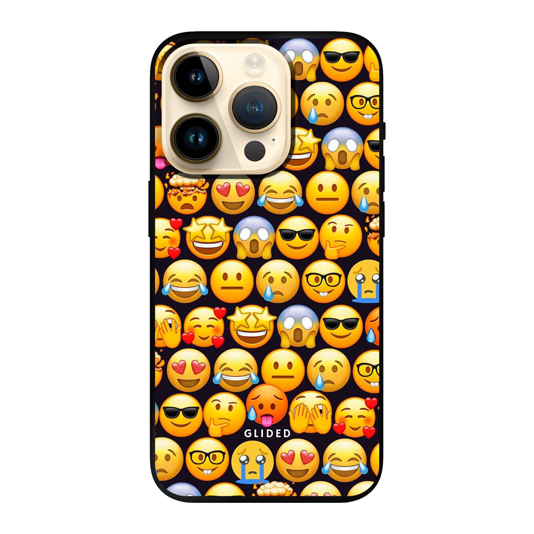 Bunte Emoji Town iPhone 14 Pro Hülle mit verschiedenen Emojis, die Freude und Persönlichkeit ausstrahlen.