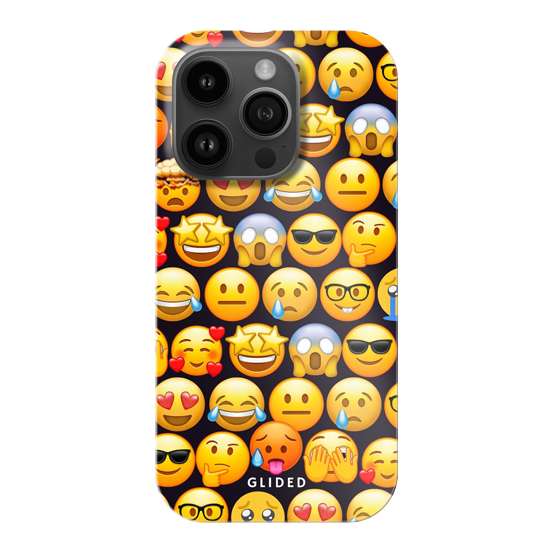 Bunte Emoji Town iPhone 14 Pro Hülle mit verschiedenen Emojis, die Freude und Persönlichkeit ausstrahlen.