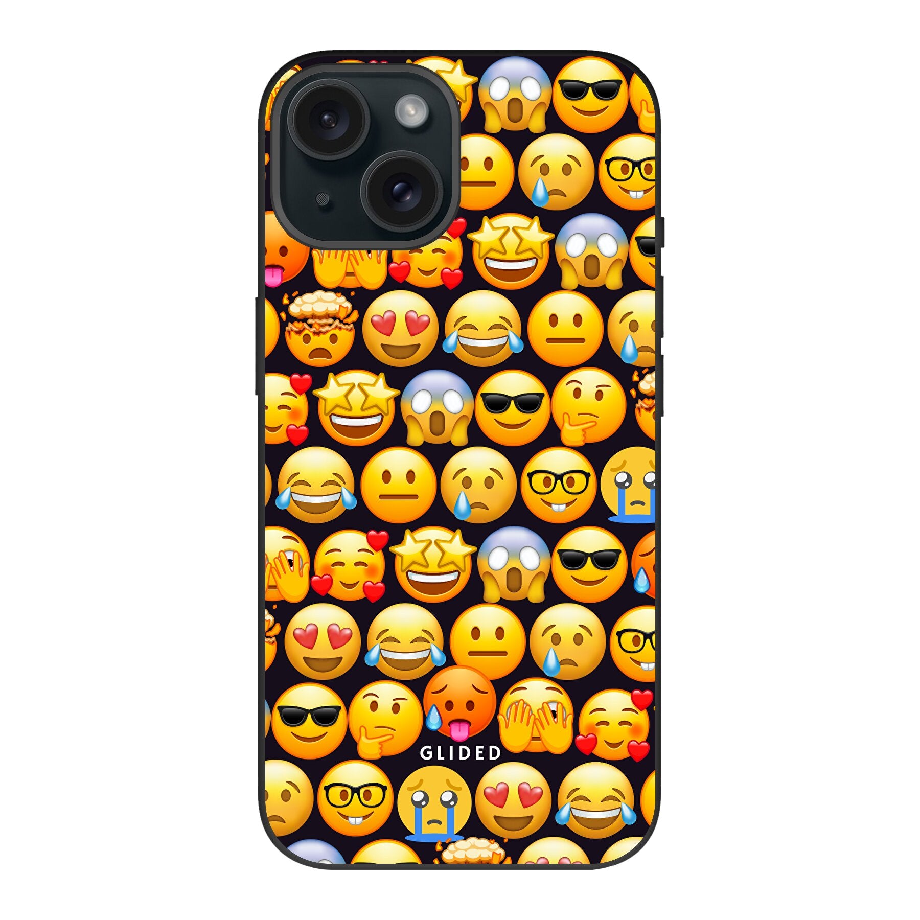 Bunte Emoji Town iPhone 15 Handyhülle mit verschiedenen Emojis, die Freude und Persönlichkeit ausstrahlen.