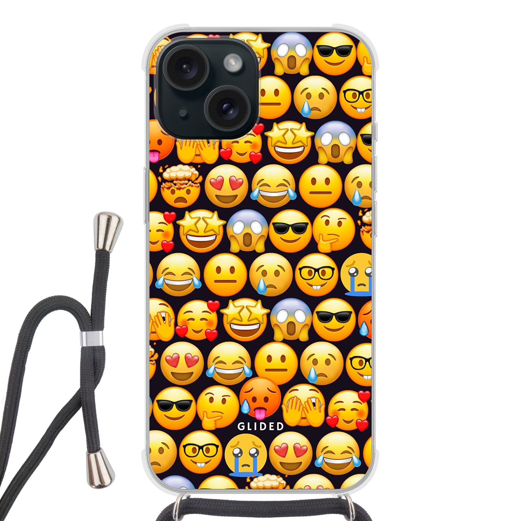 Bunte Emoji Town iPhone 15 Handyhülle mit verschiedenen Emojis, die Freude und Persönlichkeit ausstrahlen.