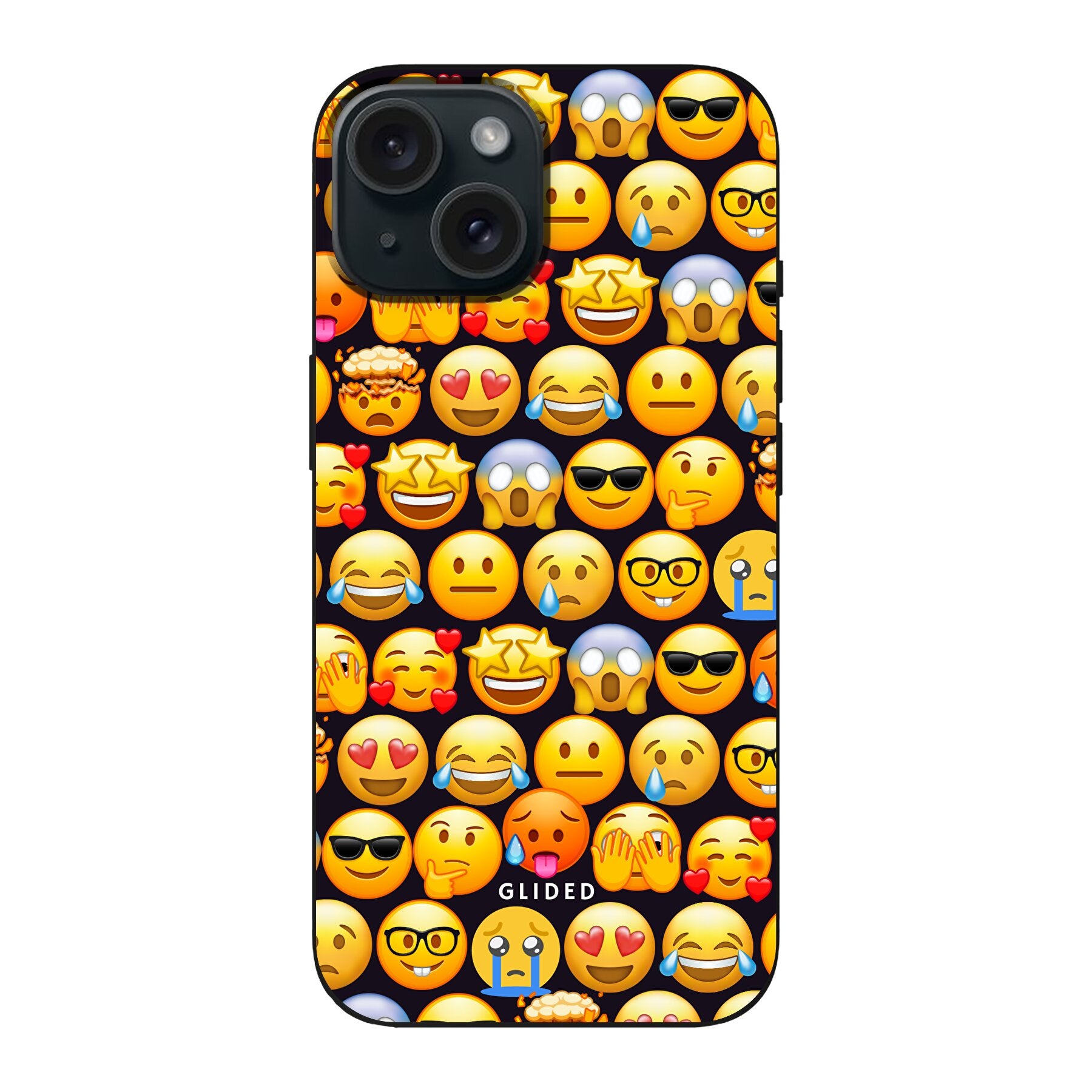 Bunte Emoji Town iPhone 15 Handyhülle mit verschiedenen Emojis, die Freude und Persönlichkeit ausstrahlen.