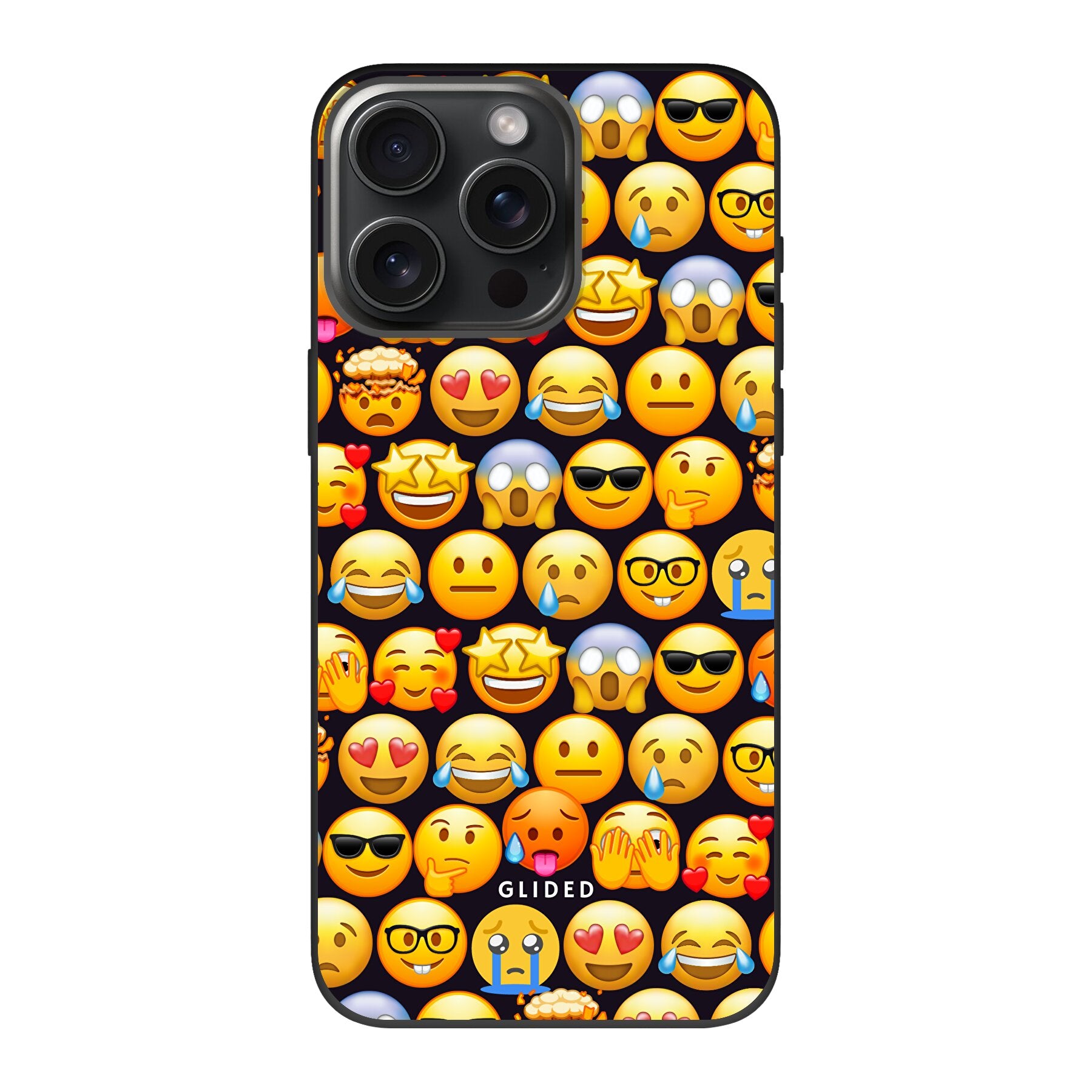 Bunte Emoji Town iPhone 15 Pro Max Handyhülle mit verschiedenen Emojis, die Freude und Persönlichkeit ausstrahlen.