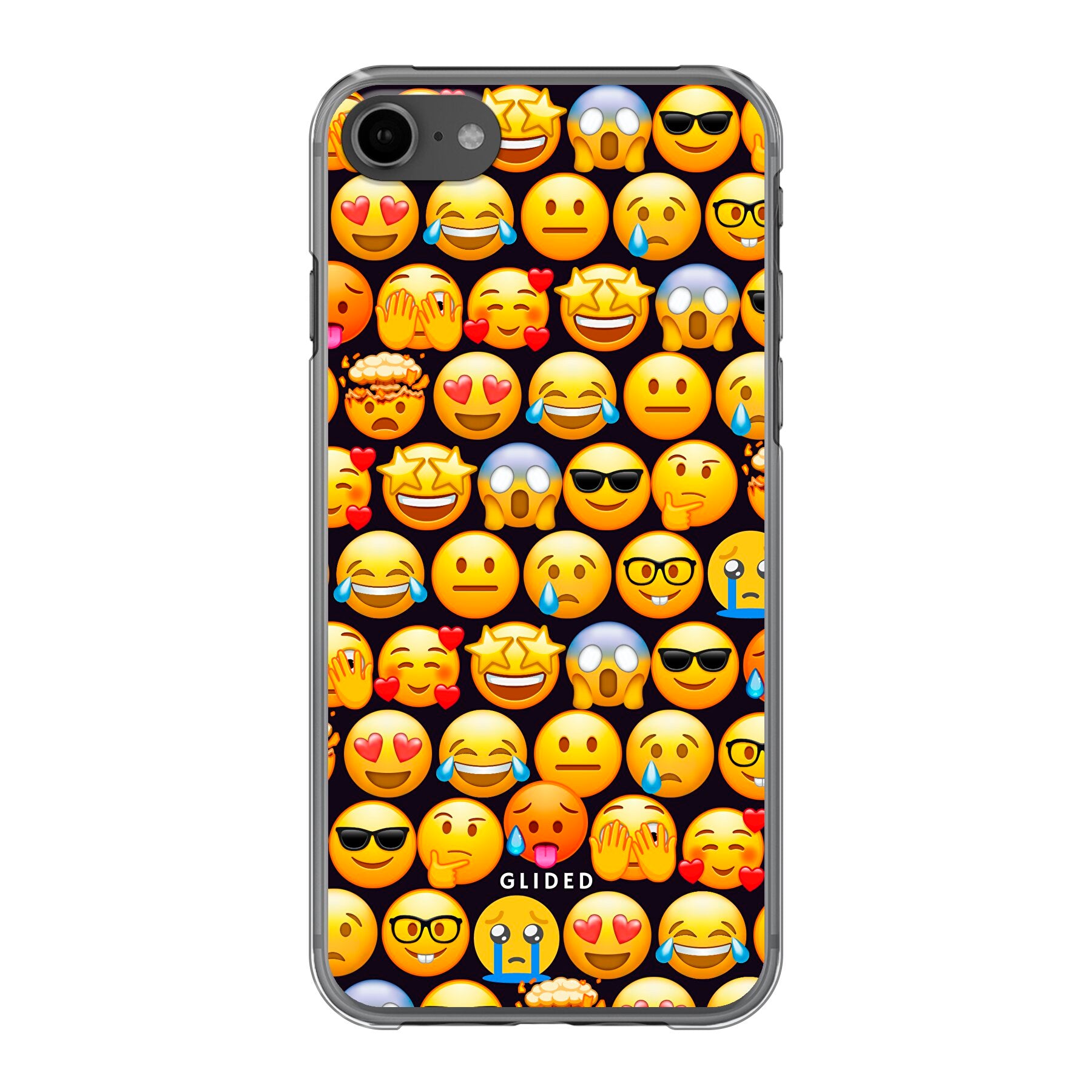 Bunte Emoji Town iPhone 8 Handyhülle mit verschiedenen Emojis, die Freude und Persönlichkeit ausstrahlen.