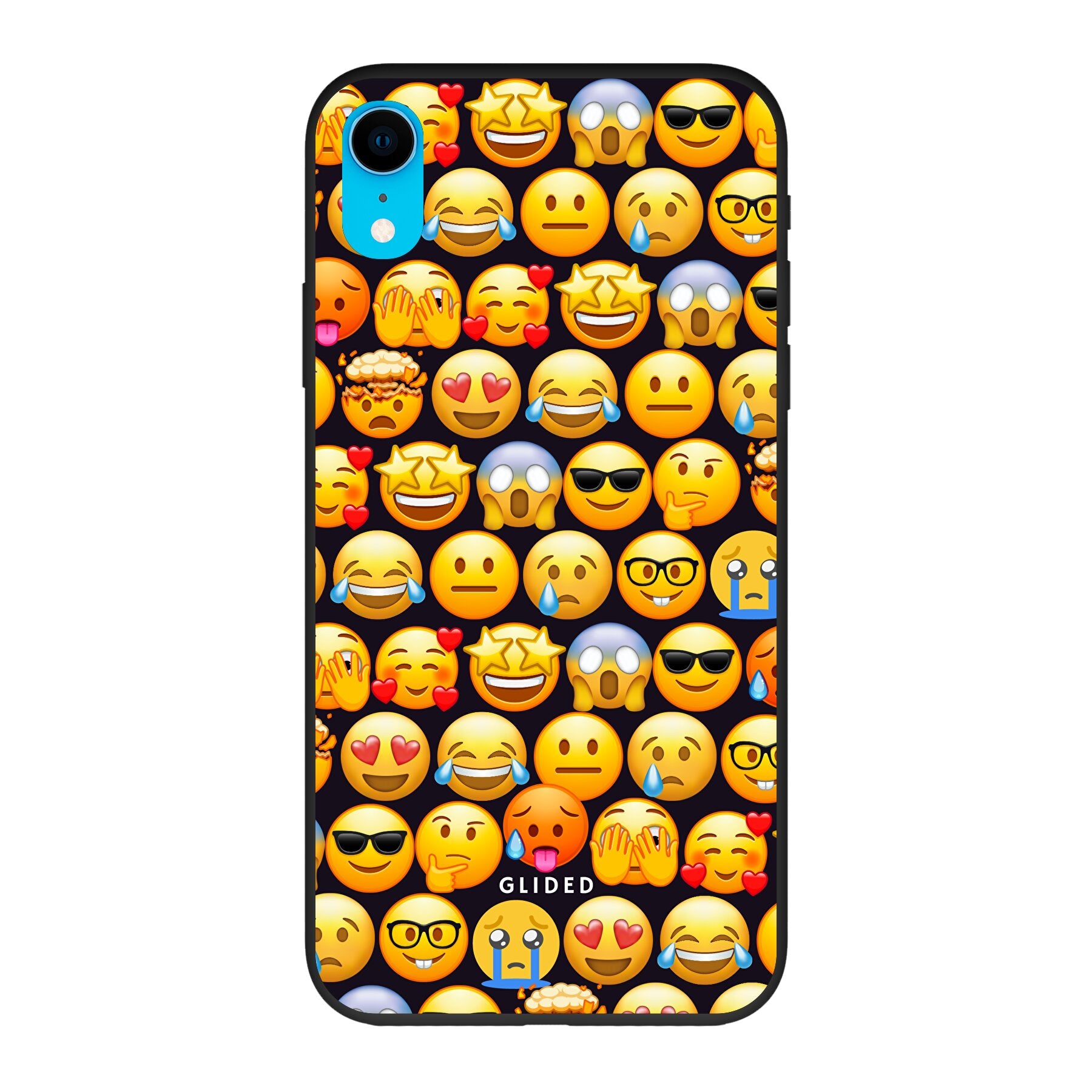 Bunte Emoji Town iPhone XR Handyhülle mit verschiedenen Emojis, die Freude und Persönlichkeit ausstrahlen.