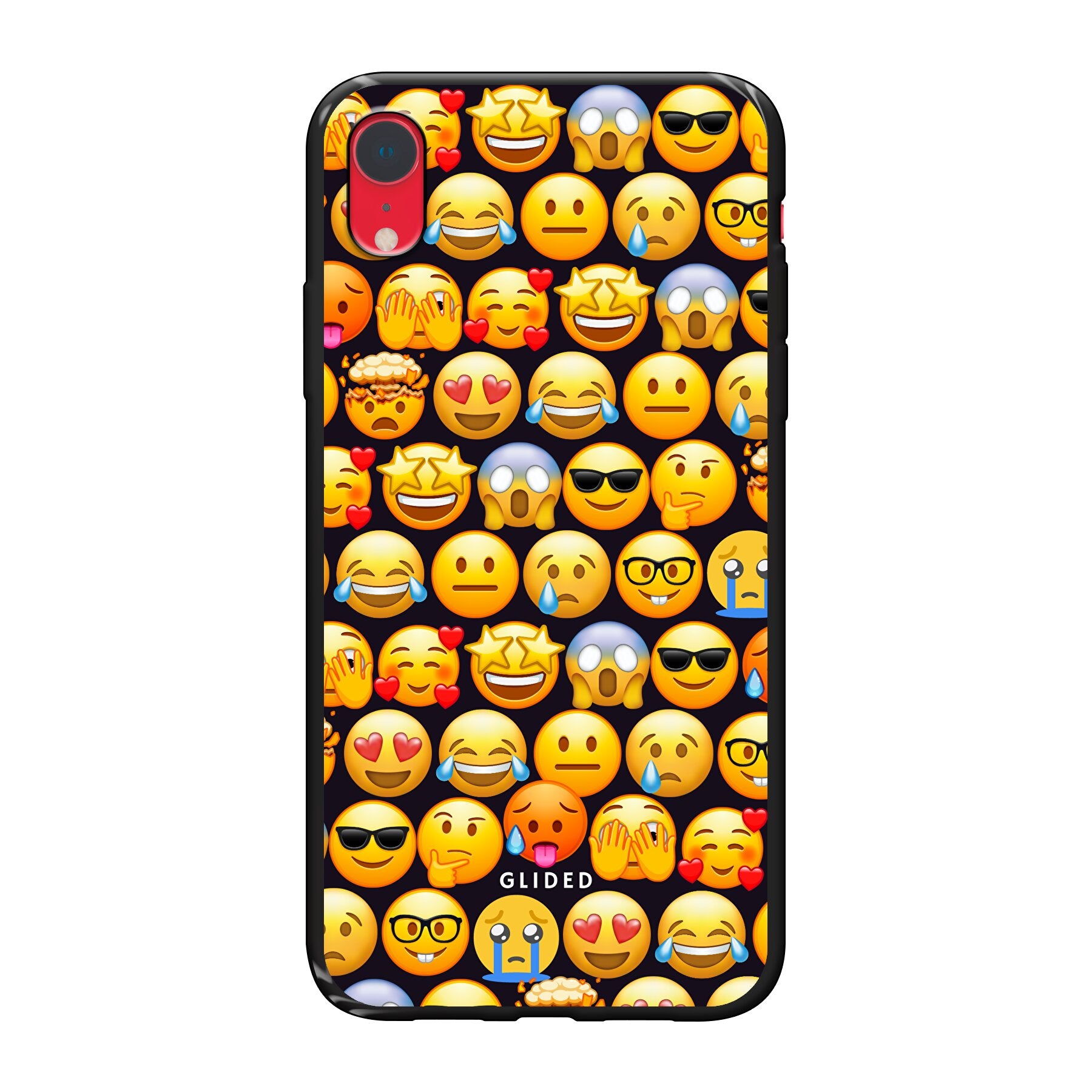 Bunte Emoji Town iPhone XR Handyhülle mit verschiedenen Emojis, die Freude und Persönlichkeit ausstrahlen.