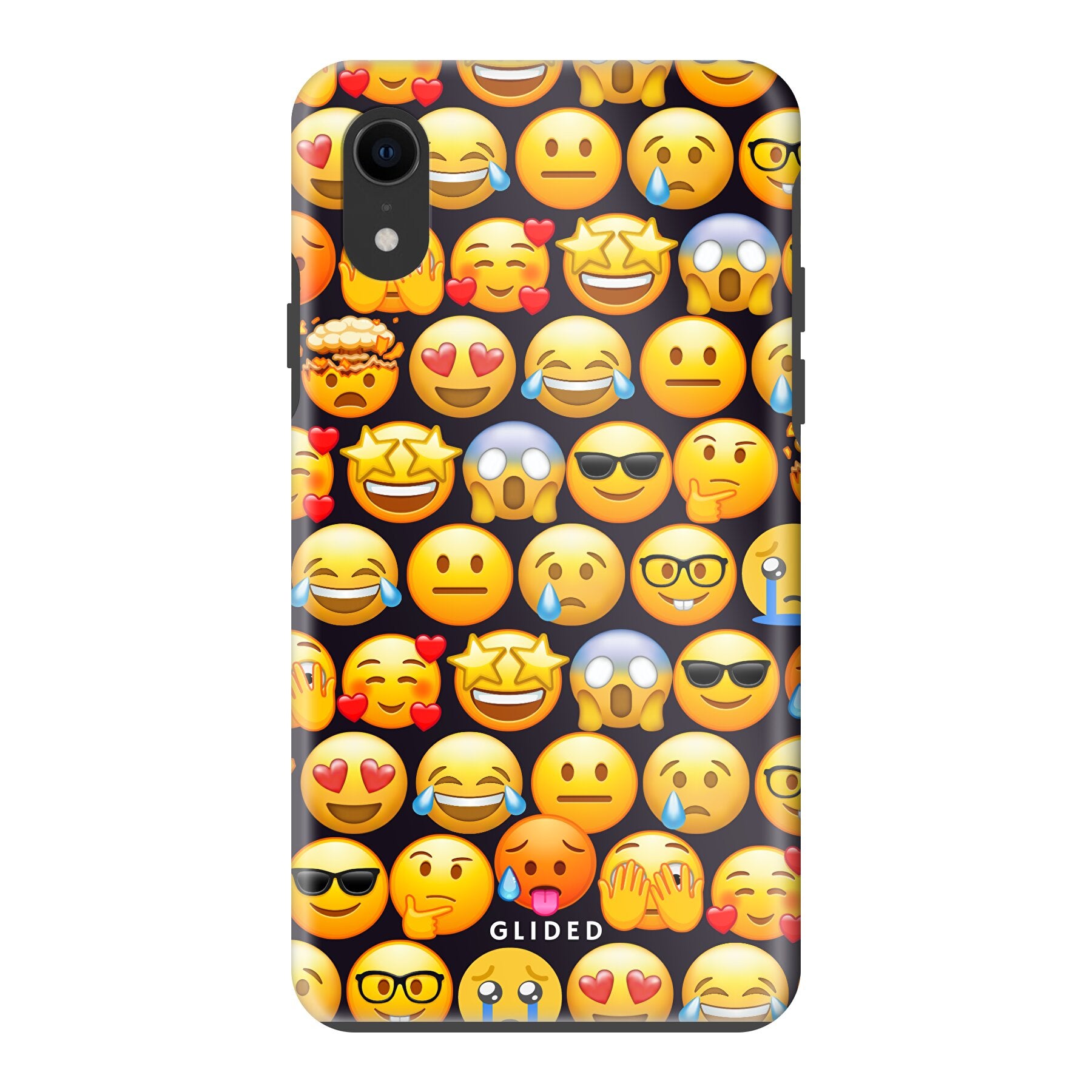 Bunte Emoji Town iPhone XR Handyhülle mit verschiedenen Emojis, die Freude und Persönlichkeit ausstrahlen.