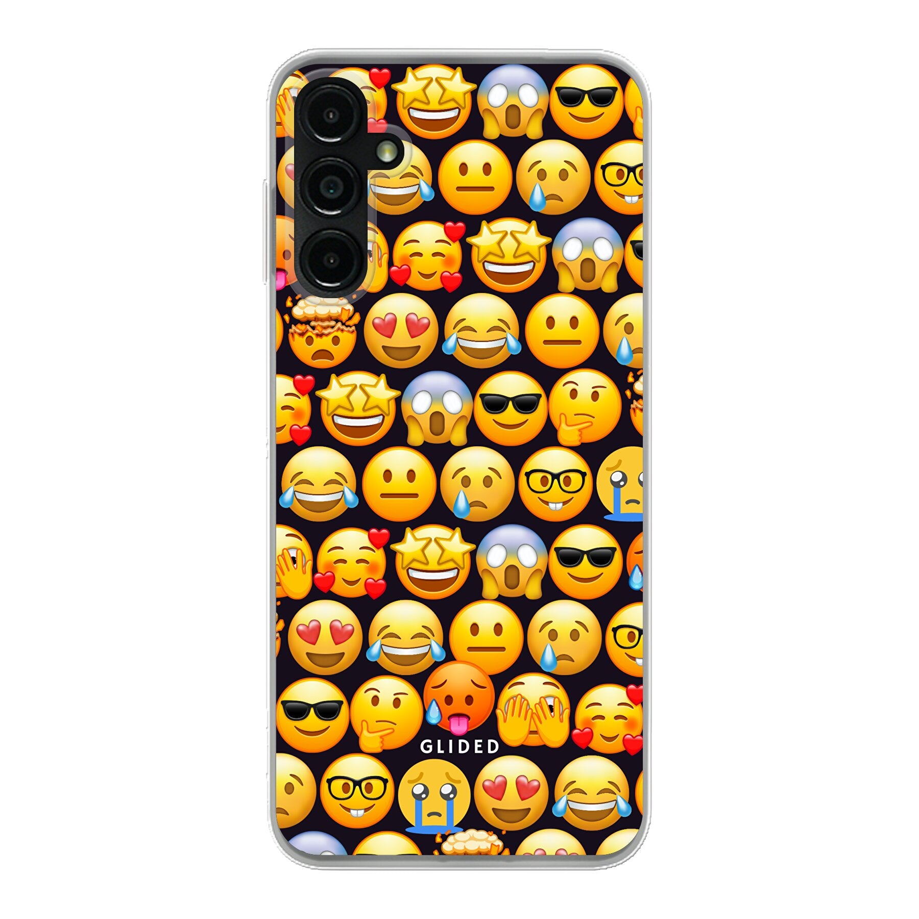 Bunte 'Emoji Town' Handyhülle für Samsung Galaxy A14 5G mit verschiedenen Emojis, die Freude und Persönlichkeit ausstrahlen.