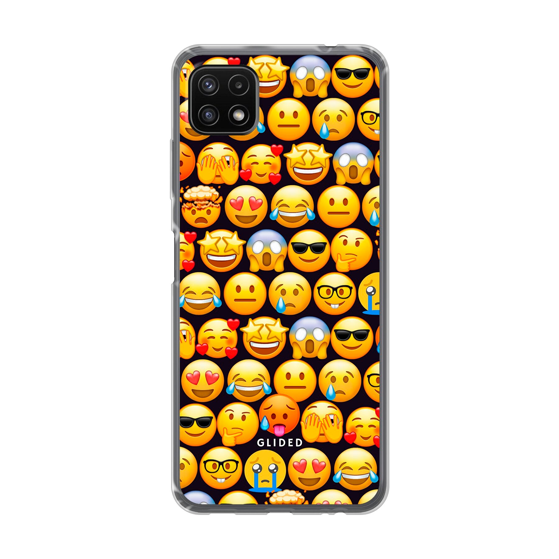 Bunte Emoji Town Handyhülle für Samsung Galaxy A22 5G mit verschiedenen Emojis, die Freude und Persönlichkeit ausstrahlen.