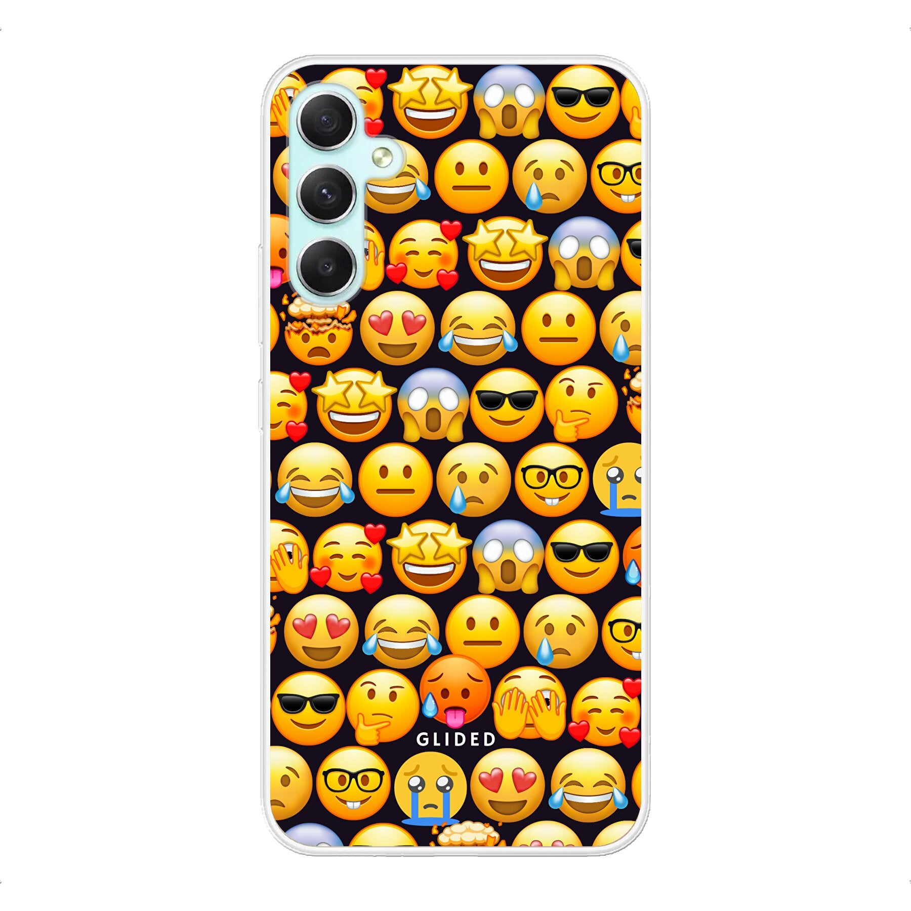 Bunte 'Emoji Town' Handyhülle für Samsung Galaxy A34 mit verschiedenen Emojis, die Freude und Persönlichkeit ausstrahlen.