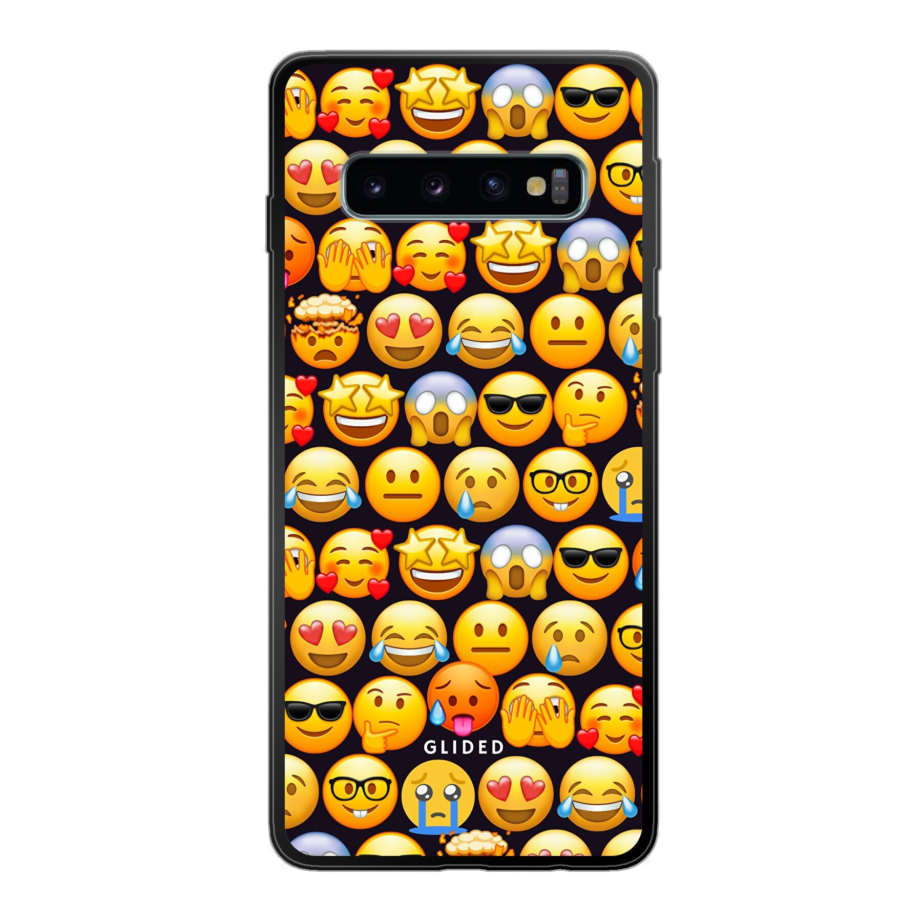 Bunte Emoji Town Handyhülle für Samsung Galaxy S10 mit verschiedenen Emojis, die Freude und Persönlichkeit ausstrahlen.