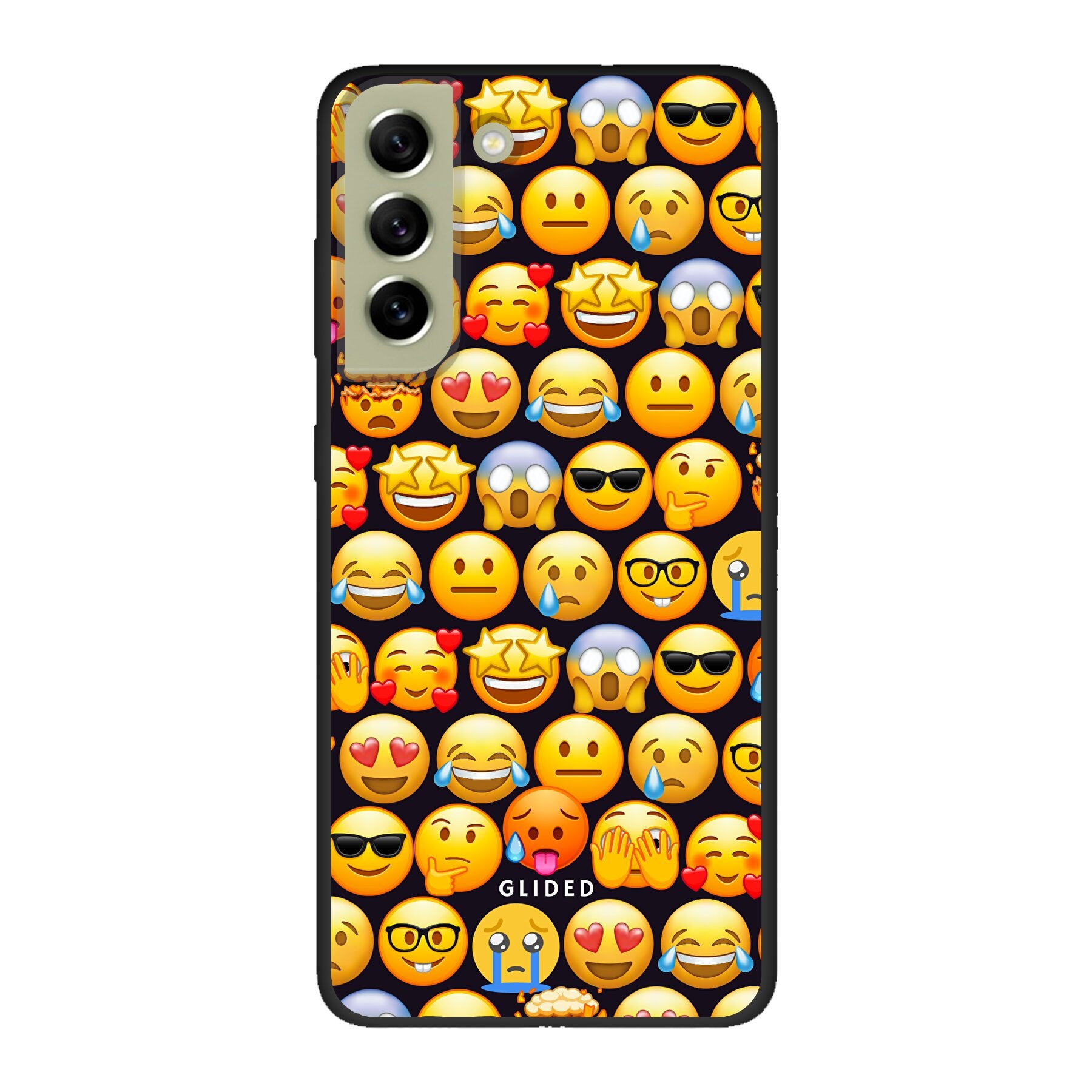 Bunte Emoji Town Handyhülle für Samsung Galaxy S21 FE mit verschiedenen Emojis, die Freude und Persönlichkeit ausstrahlen.