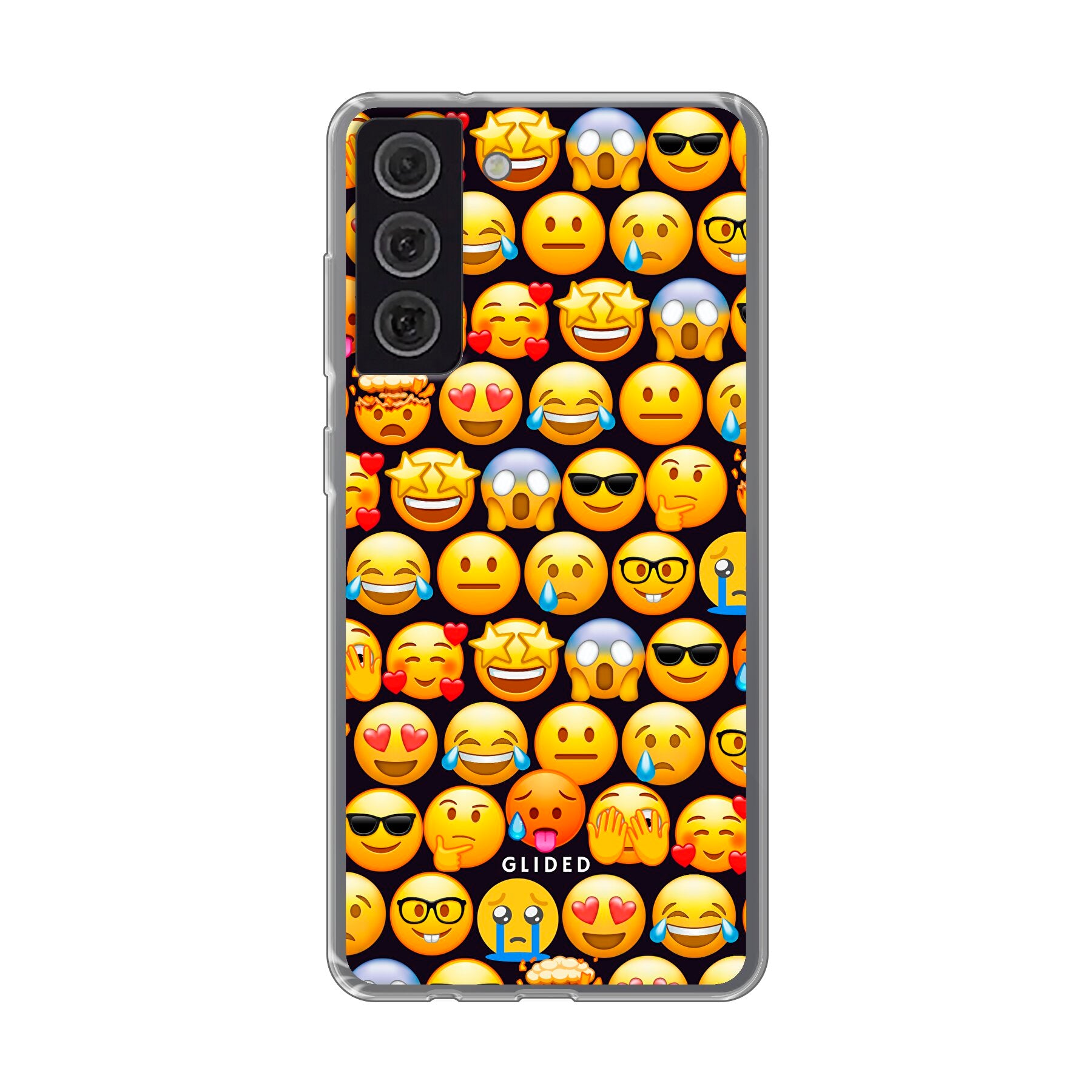 Bunte Emoji Town Handyhülle für Samsung Galaxy S21 FE mit verschiedenen Emojis, die Freude und Persönlichkeit ausstrahlen.