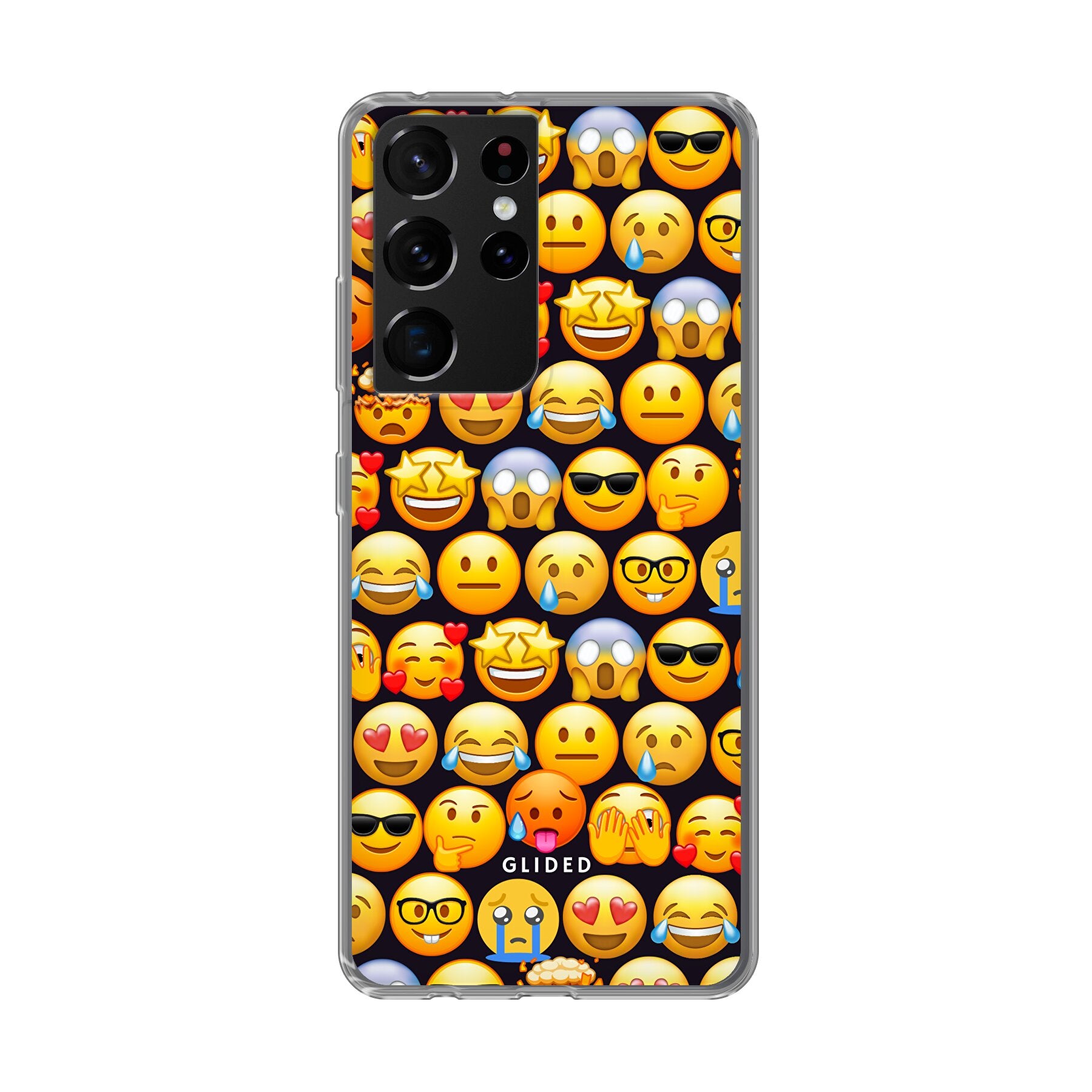 Bunte Emoji Town Handyhülle für Samsung Galaxy S21 Ultra 5G mit verschiedenen Emojis, die Freude und Persönlichkeit ausdrücken.