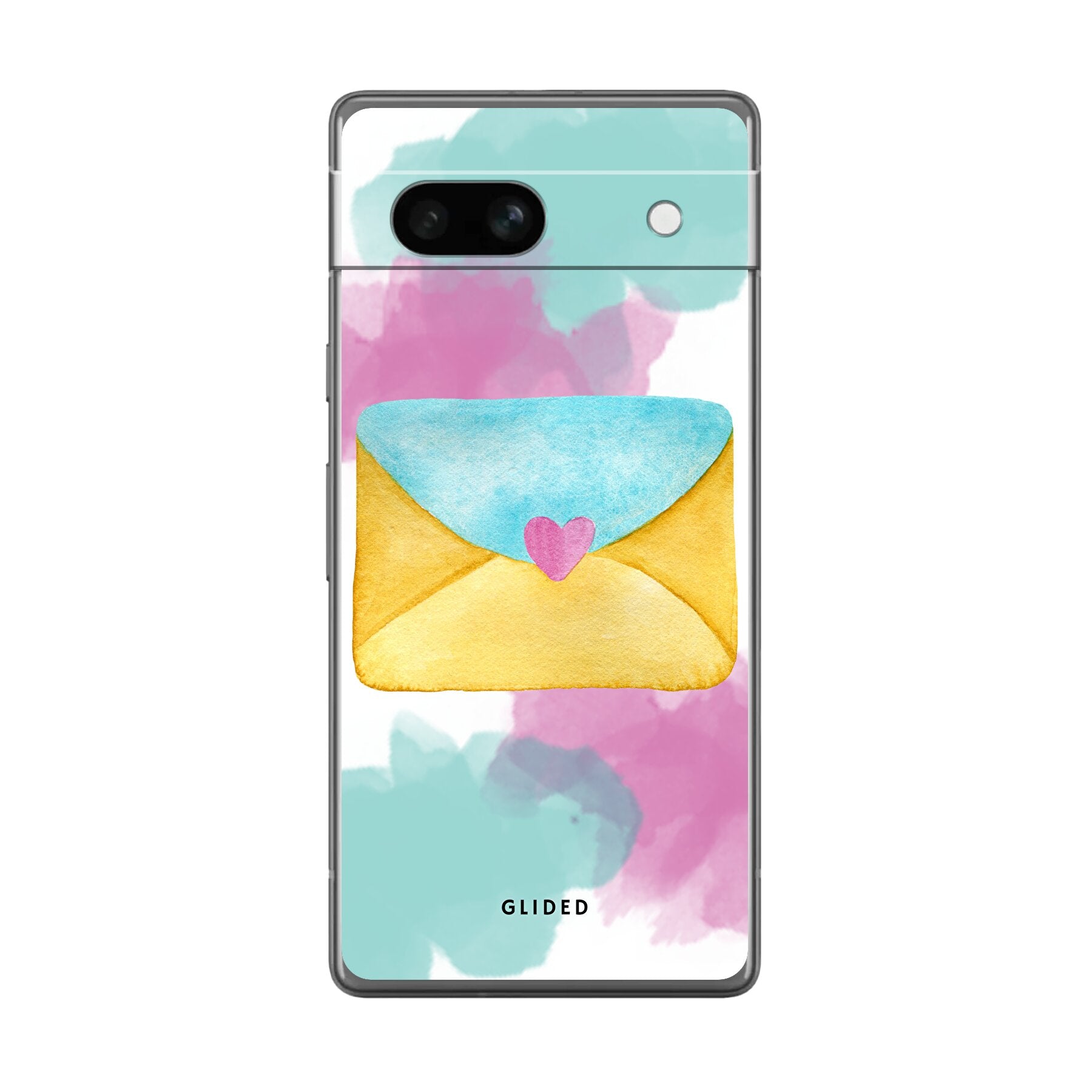 Envelope Handyhülle für Google Pixel 7a in sanften Pastellfarben mit romantischem Liebesbrief-Design.