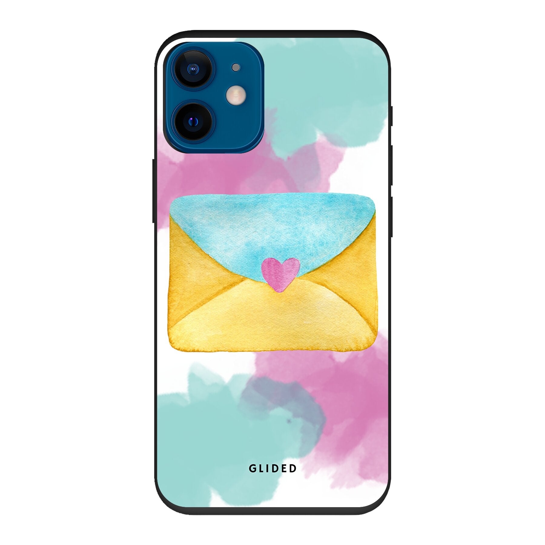 Envelope Handyhülle für iPhone 12 mini in zarten Pastellfarben mit einem romantischen Liebesbrief-Design.