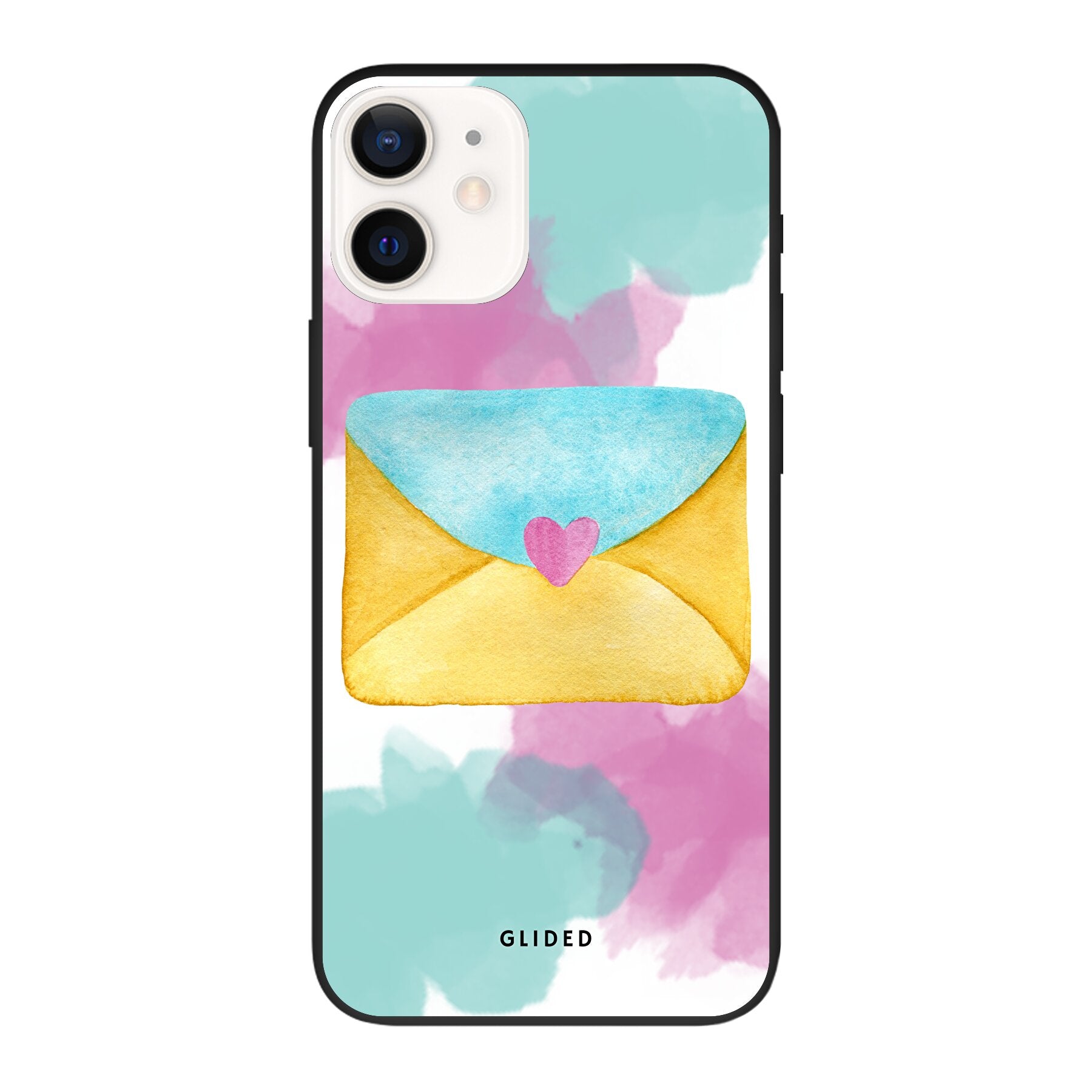 Envelope Handyhülle für iPhone 12 Pro in zarten Pastellfarben mit einem romantischen Liebesbrief-Design.