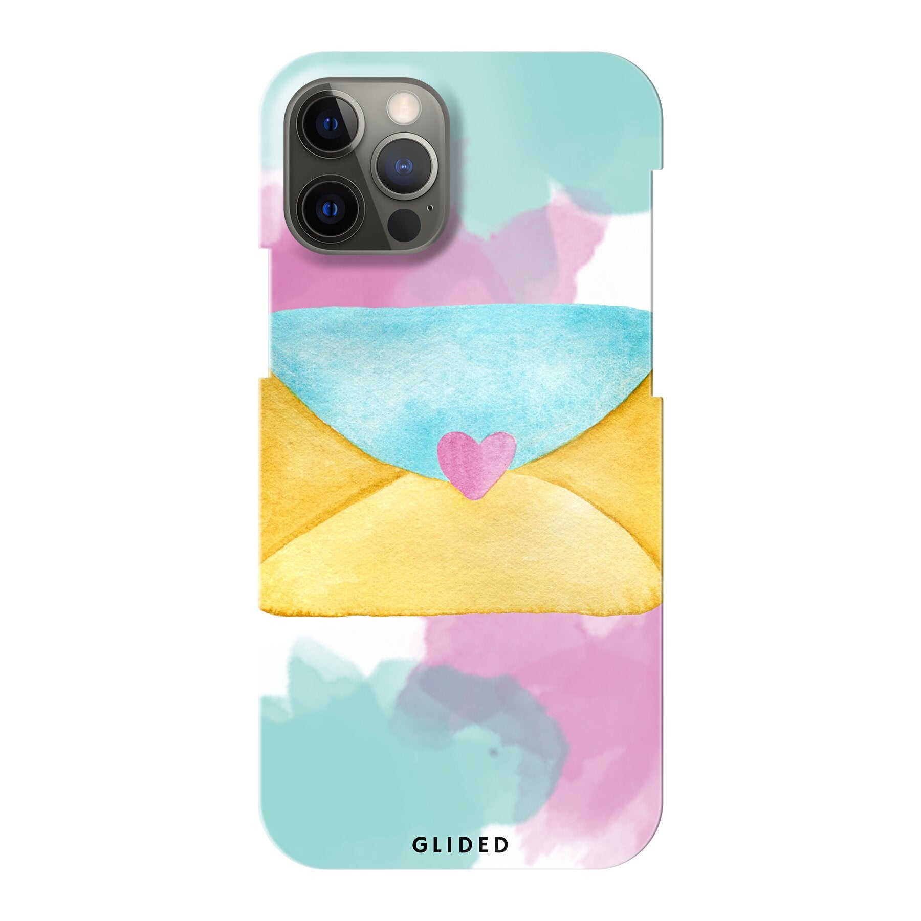 Envelope Handyhülle für iPhone 12 Pro in zarten Pastellfarben mit einem romantischen Liebesbrief-Design.